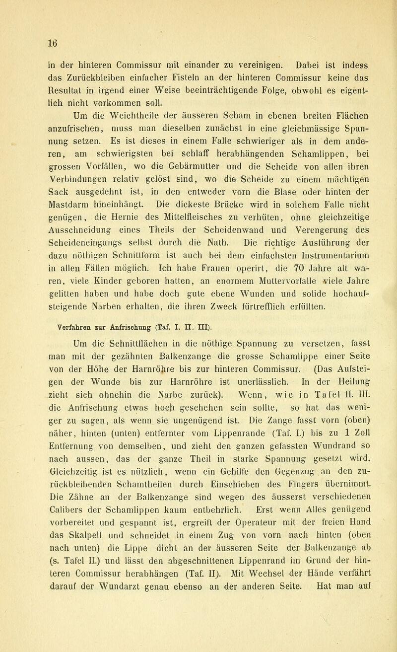 in der hinteren Commissur mit einander zu vereinigen. Dabei ist indess das Zurückbleiben einfacher Fisteln an der hinteren Commissur keine das Resultat in irgend einer Weise beeinträchtigende Folge, obwohl es eigent- lich nicht vorkommen soll. Um die Weichtheile der äusseren Scham in ebenen breiten Flächen anzufrischen, muss man dieselben zunächst in eine gleichmässige Span- nung setzen. Es ist dieses in einem Falle schwieriger als in dem ande- ren, am schwierigsten bei schlaff herabhängenden Schamlippen, bei grossen Vorfällen, wo die Gebärmutter und die Scheide von allen ihren Verbindungen relativ gelöst sind, wo die Scheide zu einem mächtigen Sack ausgedehnt ist, in den entweder vorn die Blase oder hinten der Mastdarm hineinhängt. Die dickeste Brücke wird in solchem Falle nicht genügen, die Hernie des Mittelfleisches zu verhüten, ohne gleichzeitige Ausschneidung eines Theils der Scheidenwand und Verengerung des Scheideneingangs selbst durch die Nath. Die richtige Ausführung der dazu nöthigen Schnittform ist auch bei dem einfachsten Instrumentarium in allen Fällen möglich. Ich habe Frauen operirt, die 70 Jahre alt wa- ren, viele Kinder geboren hatten, an enormem Muttervorfälle viele Jahre gelitten haben und habe doch gute ebene Wunden und solide hochauf- steigende Narben erhalten, die ihren Zweck fürtrefflich erfüllten. Verfahren zur Anfrischung (Taf. I. II. III). Um die Schnittflächen in die nöthige Spannung zu versetzen, fasst man mit der gezähnten Balkenzange die grosse Schamlippe einer Seite von der Höhe der Harnröhre bis zur hinteren Commissur. (Das Aufstei- gen der Wunde bis zur Harnröhre ist unerlässlich. In der Heilung zieht sich ohnehin die Narbe zurück). Wenn, wie in Tafel II. III. die Anfrischung etwas hoch geschehen sein sollte, so hat das weni- ger zu sagen, als wenn sie ungenügend ist. Die Zange fasst vorn (oben) näher, hinten (unten) entfernter vom Lippenrande (Taf. I.) bis zu 1 Zoll Entfernung von demselben, und zieht den ganzen gefassten Wundrand so nach aussen, das der ganze Theil in starke Spannung gesetzt wird. Gleichzeitig ist es nützlich, wenn ein Gehilfe den Gegenzug an den zu- rückbleibenden Schamtheilen durch Einschieben des Fingers übernimmt. Die Zähne an der Balkenzange sind wegen des äusserst verschiedenen Calibers der Schamlippen kaum entbehrlich. Erst wenn Alles genügend vorbereitet und gespannt ist, ergreift der Operateur mit der freien Hand das Skalpell und schneidet in einem Zug von vorn nach hinten (oben nach unten) die Lippe dicht an der äusseren Seite der Balkenzange ab (s. Tafel II.) und lässt den abgeschnittenen Lippenrand im Grund der hin- teren Commissur herabhängen (Taf. II). Mit Wechsel der Hände verfährt darauf der Wundarzt genau ebenso an der anderen Seite. Hat man auf