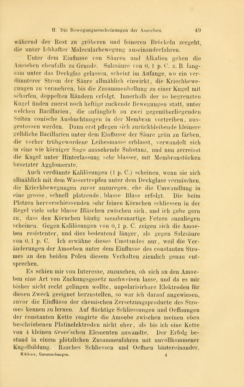 während der Rest zu gröberen und feineren Bröckeln zergeht, die unter lebhafter Molecularbewegung auseinanderfahren. Unter dem Einflüsse von Säuren und Alkalien gehen die Amoeben ebenfalls zu Grunde. Salzsäure von 0, 1 p. C. z. B. lang- sam unter das Deckglas gelassen, scheint im Anfange, wo ein ver- dünntorer Strom der Säure allmählich einwirkt, die Kriechbewe- gungen zu vermehren, bis die Zusammenballung zu einer Kugel mit scharfen, doppelten Rändern erfolgt. Innerhalb der so begrenzten Kugel finden zuerst noch heftige zuckende Bewegungen statt, unter welchen Bacillarien, die anfänglich an zwei gegenüberliegenden Seiten conische Ausbuchtungen in der Membran vortreiben, aus- gestossen werden. Dann erst pflegen sich zurückbleibende kleinere gelbliche Bacillarien unter dem Einflüsse der Säure grün zu färben, die vorher trübgewordene Leibesmasse erblasst, verwandelt sich in eine wie körniger Sago aussehende Substanz, und nun zerreisst die Kugel unter Hinterlassung sehr blasser, mit Membranstücken besetzter Agglomerate, Auch verdünnte Kalilösungen (1 p. C.) scheinen, wenn sie sich allmählich mit dem Wassertropfen unter dem Deckglase vermischen, die Kriechbewegungeu zuvor anzuregen, ehe die Umwandlung in eine grosse, schnell platzende, blasse Blase erfolgt. Die beim Platzen hervorschiessenden sehr feinen Körnchen schliessen in der Regel viele sehr blasse Bläschen zwischen sich, und ich gebe gern zu, dass den Körnchen häufig membranartige Fetzen anzuliegen scheinen. Gegen Kalilösungen von 0,1 p. C. zeigen sich die Amoe- ben resistenter, und dies bedeutend länger, als gegen Salzsäure von 0,1 p. C, Ich erwähne dieses Umstandes nur, weil die Ver- änderungen der Amoeben unter dem Einflüsse des constanten Stro- mes an den beiden Polen diesem Verhalten ziemlich genau ent- sprechen. Es schien mir von Interesse, zuzusehen, ob sich an den Amoe- ben eine Art von Zuckungsgesetz nachweisen lasse, und da es mir bisher nicht recht gelingen wollte, unpolarisirbare Elektroden für diesen Zweck geeignet herzustellen, so war ich darauf angewiesen, zuvor die Einflüsse der chemischen Zersetzungsproducte des Stro- mes kennen zu lernen. Auf flüchtige Schliessungen und Oeffnungen der constanten Kette reagirte die Amoebe zwischen meinen oben beschriebenen Platinelektroden nicht eher, als bis ich eine Kette von 4 kleinen Grove'sehen Elementen anwandte. Der Erfolg be- stand in einem plötzlichen Zusammenfahren mit unvollkommener Kugelbildung. Rasches Schliessen und Oeffnen hintereinander. Kühne, Untersuchungen. 4