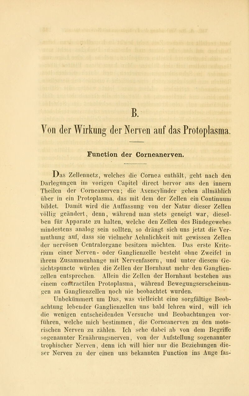 B. Von der Wirkung der Nerven auf das Protoplasma, Function der Corneanerven. Das Zellennetz, welches die Cornea enthält, geht nach den Darlegungen im vorigen Capitel direct hervor aus den innern Theilen der Corneanerven; die Axencylinder gehen allmählich über in ein Protoplasma, das mit dem der Zellen ein Continuum bildet. Damit wird die Auffassung von der Natur dieser Zellen völlig geändert, denn, während man stets geneigt war, diesel- ben für Apparate zu halten, welche den Zellen des Bindegewebes mindestens analog sein sollten, so drängt sich uns jetzt die Ver- muthung auf, dass sie vielmehr Aehnlichkeit mit gewissen Zellen der nervösen Centralorgane besitzen möchten. Das erste Krite- rium einer Nerven- oder Ganglienzelle besteht ohne Zweifel in ihrem Zusammenhange mit Nervenfasern, und unter diesem Ge- sichtspuncte würden die Zellen der Hornhaut mehr den Ganglien- zellen entsprechen. Allein die Zellen der Hornhaut bestehen aus einem coiltractilen Protoplasma, während Bewegungserscheinun- gen an Ganglienzellen noch nie beobachtet wurden. Unbekümmert um Das, was vielleicht eine sorgfältige Beob- achtung lebender Ganglienzellen uns bald lehren wird, will ich die wenigen entscheidenden Versuche und Beobachtungen vor- führen, welche mich bestimmen, die Corneanerven zu den moto- rischen Nerven zu zählen. Ich sehe dabei ab von dem Begriffe sogenannter Ernährungsnerven, von der Aufstellung sogenannter trophischer Nerven, denn ich will hier nur die Beziehungen die- ser Nerven zu der einen uns bekannten Function ins Auge fas-
