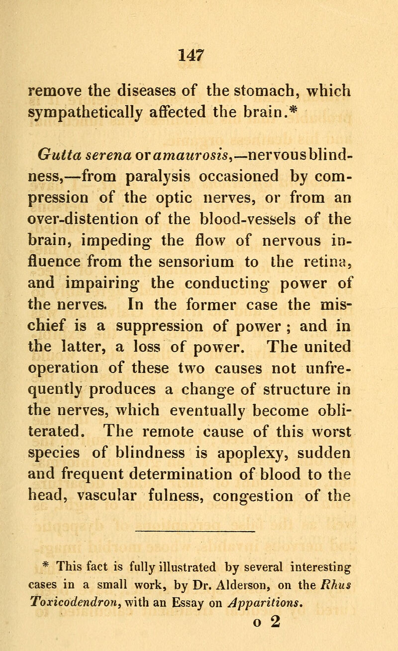 remove the diseases of the stomach, which sympathetically affected the brain.* Guita Serena oramawrosz^,—nervousbhnd- ness,—from paralysis occasioned by com- pression of the optic nerves, or from an over-distention of the blood-vessels of the brain, impeding the flow of nervous in- fluence from the sensorium to the retina, and impairing the conducting power of the nerves. In the former case the mis- chief is a suppression of power ; and in the latter, a loss of power. The united operation of these two causes not unfre- quently produces a change of structure in the nerves, which eventually become obli- terated. The remote cause of this worst species of blindness is apoplexy, sudden and frequent determination of blood to the head, vascular fulness, congestion of the * This fact is fully illustrated by several interesting cases in a small work, by Dr. Alderson, on the Rhus Toxicodendron, with an Essay on Apparitions, o 2