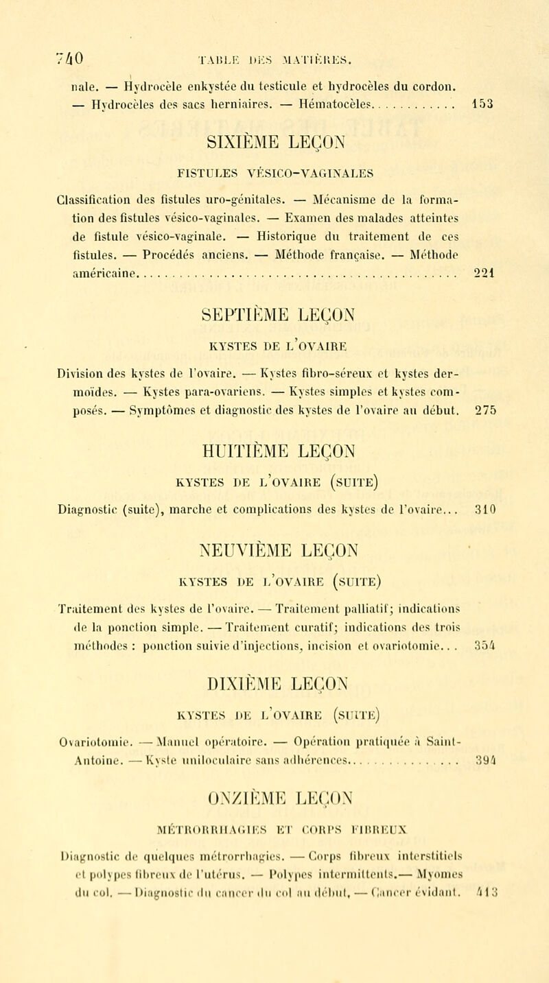 nale. — Hydroeèle enkystée du testicule et hydrocèles du cordon. — Hydrocèles des sacs herniaires. — Hématocèles 153 SIXIÈME LEÇON FISTULES VÉSICO-VAGINALES Classification des fistules uro-génitales. — Mécanisme de la forma- tion des fistules vésico-vaginales. — Examen des malades atteintes de fistule vésico-vaginale. — Historique du traitement de ces fistules. — Procédés anciens. — Méthode française. — Méthode américaine 221 SEPTIEME LEÇON KYSTES DE l'ûVAIRE Division des kystes de l'ovaire. — Kystes fibro-séreux et kystes der- moïdes. — Kystes para-ovariens. — Kystes simples et kystes com- posés. — Symptômes et diagnostic des kystes de l'ovaire au début. 275 HUITIÈME LEÇON KYSTES DE L'ûVAIRE (SUITE) Diagnostic (suite), marche et complications des kystes de l'ovaire... 310 NEUVIÈME LEÇON KYSTES DE L'ûVAIRE (SUITE) Traitement des kystes de l'ovaire. — Traitement palliatif; indications de la ponction simple. —Traitement curatif; indications des trois méthodes: ponction suivie d'injections, incision et ovariotomie.. . 35i DIXIÈME LEÇON KYSTES DE L'ûVAIRE (SUITE) Ovariotomie. —Manuel opératoire. — Opération pratiquée à Saint- Antoine. — Kyste uniloculaire sans adhérences 39'i ONZIÈME LEÇON MÉTRORRHAGIES ET CORPS FIBREUX Diagnostic de quelques inélrorrhagics. —Corps fibreux interstitiels ci polypes fibreux de L'utérus. — Polypes intermittents!— Slyomes du col, -Diagnostic du cancer du col nu début, — Cancer évidant. H3