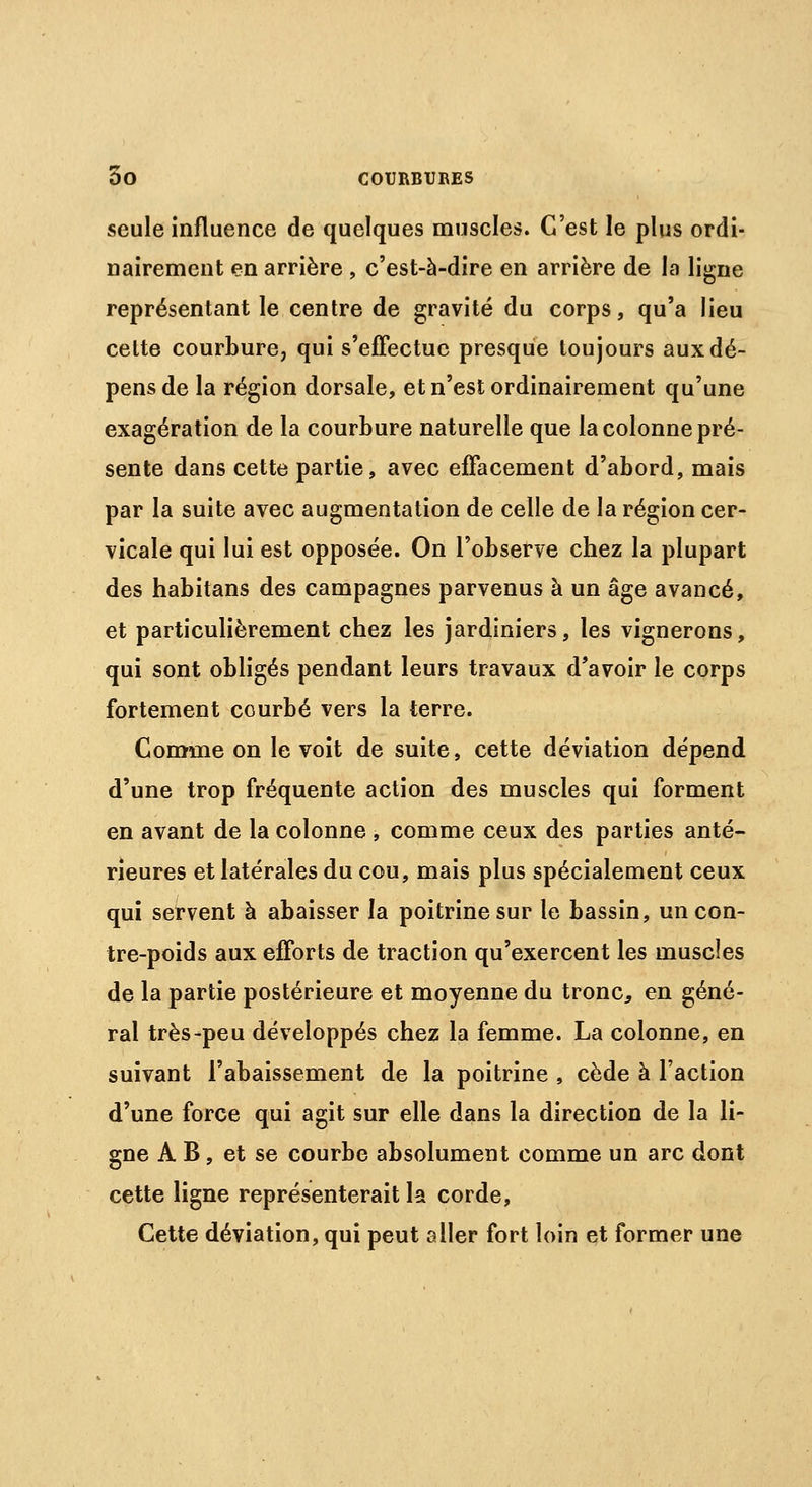 seule influence de quelques muscles. C'est le plus ordi- nairement en arrière , c'est-à-dire en arrière de la ligne représentant le centre de gravité du corps, qu'a lieu cette courbure, qui s'effectue presque toujours aux dé- pens de la région dorsale, et n'est ordinairement qu'une exagération de la courbure naturelle que la colonne pré- sente dans cette partie, avec effacement d'abord, mais par la suite avec augmentation de celle de la région cer- vicale qui lui est opposée. On l'observe chez la plupart des habitans des campagnes parvenus à un âge avancé, et particulièrement chez les jardiniers, les vignerons, qui sont obligés pendant leurs travaux d'avoir le corps fortement courbé vers la terre. Comme on le voit de suite, cette déviation dépend d'une trop fréquente action des muscles qui forment en avant de la colonne , comme ceux des parties anté- rieures et latérales du cou, mais plus spécialement ceux qui servent à abaisser la poitrine sur le bassin, un con- tre-poids aux efforts de traction qu'exercent les muscles de la partie postérieure et moyenne du tronc, en géné- ral très-peu développés chez la femme. La colonne, en suivant l'abaissement de la poitrine , cède à l'action d'une force qui agit sur elle dans la direction de la li- gne A B, et se courbe absolument comme un arc dont cette ligne représenterait la corde, Cette déviation, qui peut aller fort loin et former une