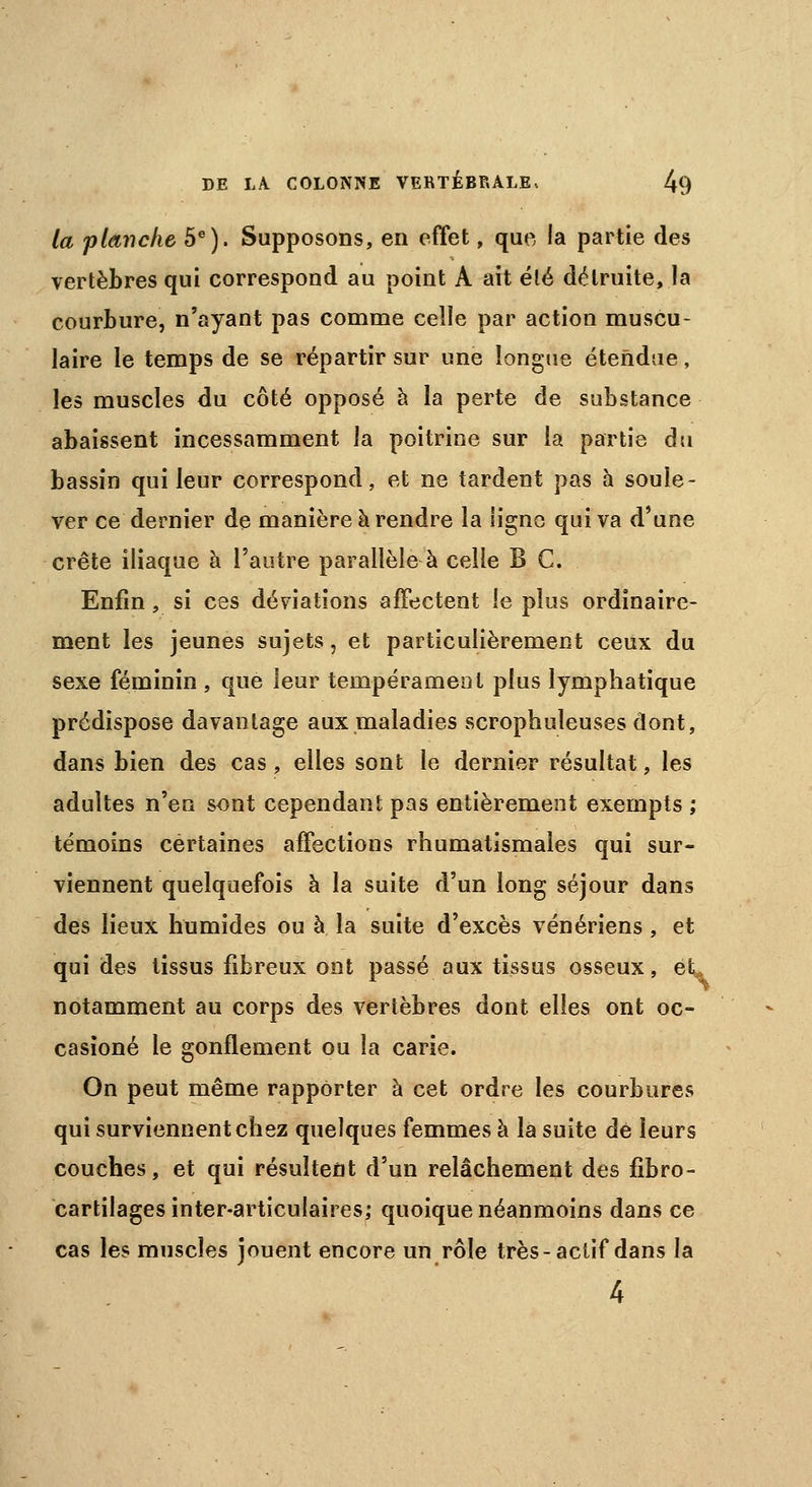 la planche 5e). Supposons, en effet, que la partie des vertèbres qui correspond au point A ait été détruite, la courbure, n'ayant pas comme celle par action muscu- laire le temps de se répartir sur une longue étendue, les muscles du côté opposé à la perte de substance abaissent incessamment la poitrine sur la partie du bassin qui leur correspond, et ne tardent pas à soule- ver ce dernier de manière à rendre la ligne qui va d'une crête iliaque à l'autre parallèle à celle B C. Enfin, si ces déviations affectent le plus ordinaire- ment les jeunes sujets, et particulièrement ceux du sexe féminin , que leur tempérament plus lymphatique prédispose davantage aux maladies scrophuleuses dont, dans bien des cas, elles sont le dernier résultat, les adultes n'en sont cependant pas entièrement exempts ; témoins certaines affections rhumatismales qui sur- viennent quelquefois à la suite d'un long séjour dans des lieux humides ou à la suite d'excès vénériens, et qui des tissus fibreux ont passé aux tissus osseux, et, notamment au corps des vertèbres dont elles ont oc- casioné le gonflement ou la carie. On peut même rapporter à cet ordre les courbures qui surviennent chez quelques femmes à la suite de leurs couches, et qui résultent d'un relâchement des fibro- cartilages inter-articulaires; quoique néanmoins dans ce cas les muscles jouent encore un rôle très-actif dans la 4