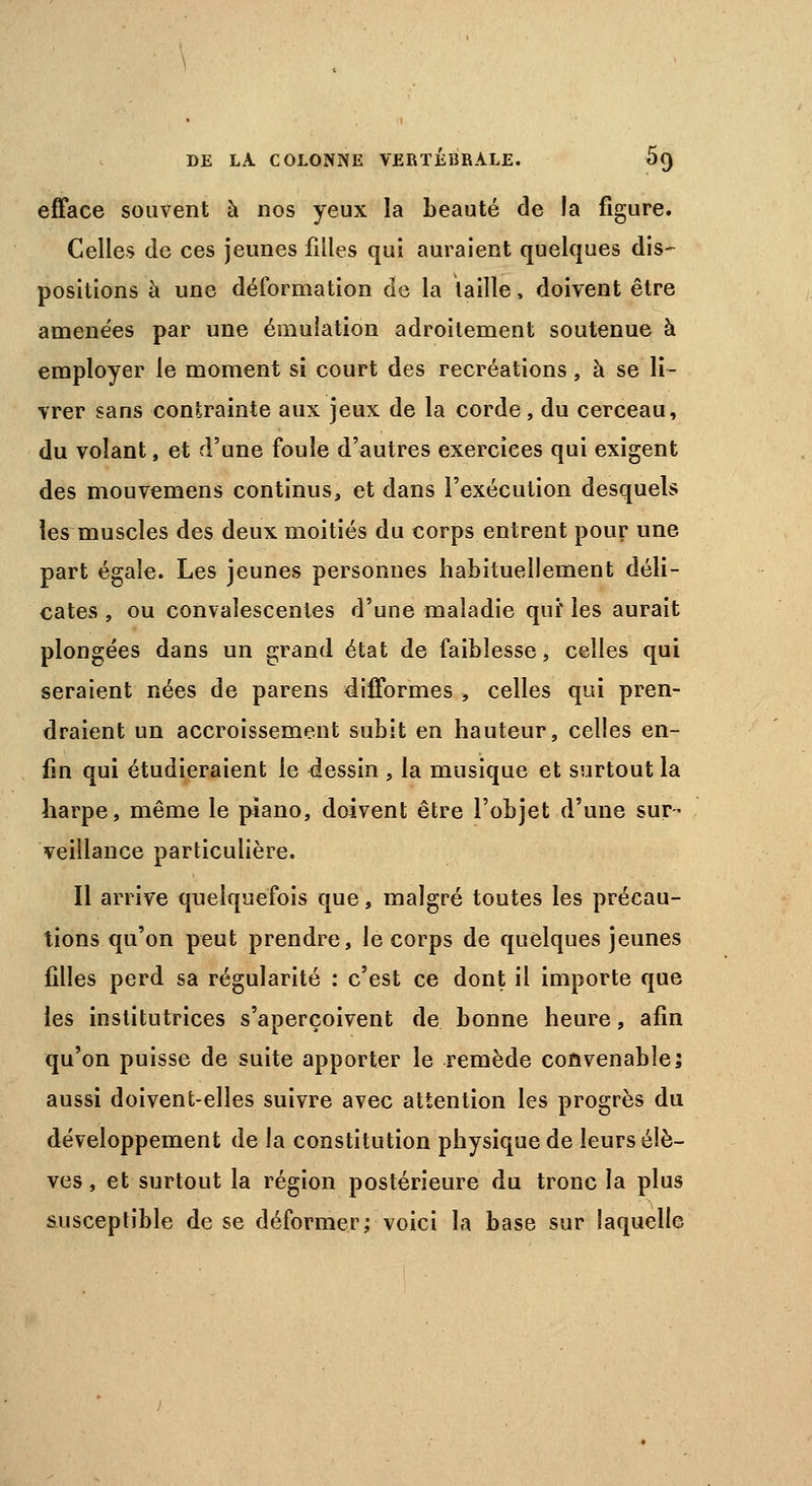 efface souvent à nos yeux la beauté de la figure. Celles de ces jeunes filles qui auraient quelques dis- positions à une déformation de la taille, doivent être amenées par une émulation adroitement soutenue à employer le moment si court des recréations, à se li- vrer sans contrainte aux jeux de la corde, du cerceau, du volant, et d'une foule d'autres exercices qui exigent des mouvemens continus, et dans l'exécution desquels les muscles des deux moitiés du corps entrent pour une part égale. Les jeunes personnes habituellement déli- cates , ou convalescentes d'une maladie qui' les aurait plongées dans un grand état de faiblesse, celles qui seraient nées de parens difformes , celles qui pren- draient un accroissement subit en hauteur, celles en- fin qui étudieraient le 4essin , la musique et surtout la harpe, même le piano, doivent être l'objet d'une sur- veillance particulière. Il arrive quelquefois que, malgré toutes les précau- tions qu'on peut prendre, le corps de quelques jeunes filles perd sa régularité : c'est ce dont il importe que les institutrices s'aperçoivent de bonne heure, afin qu'on puisse de suite apporter le remède convenable; aussi doivent-elles suivre avec attention les progrès du développement de la constitution physique de leurs élè- ves , et surtout la région postérieure du tronc la plus susceptible de se déformer; voici la base sur laquelle