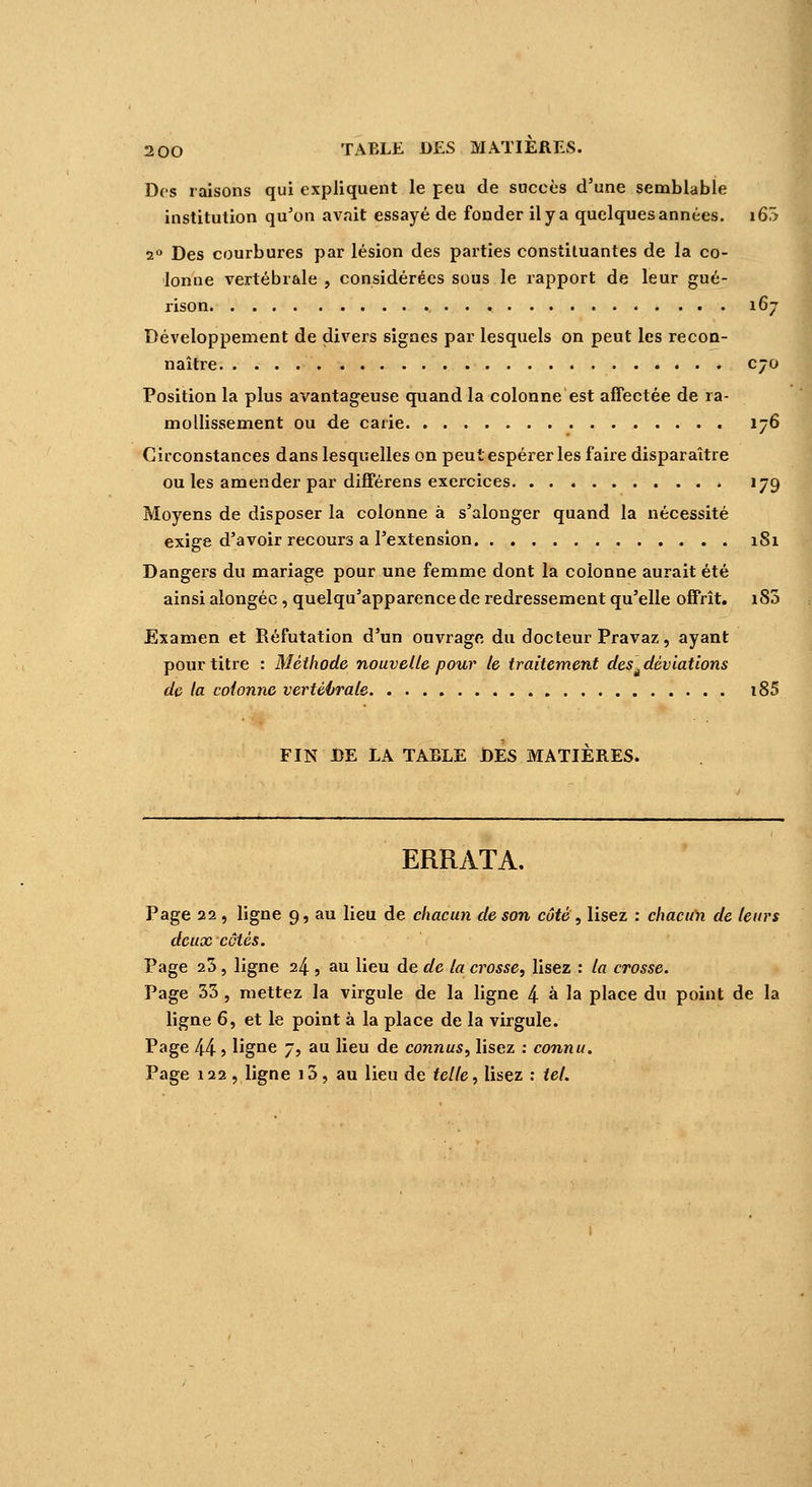 Des raisons qui expliquent le peu de succès d'une semblable institution qu'on avait essayé de foncier il y a quelques années. i65 2° Des courbures par lésion des parties constituantes de la co- lonue vertébrale , considérées sous le rapport de leur gué- rison 167 Développement de divers signes par lesquels on peut les recon- naître ... cjo Position la plus avantageuse quand la colonne est affectée de ra- mollissement ou de carie 176 Circonstances dans lesquelles on peut espérer les faire disparaître ou les amender par différens exercices 179 Moyens de disposer la colonne à s'alonger quand la nécessité exige d'avoir recours a l'extension 1S1 Dangers du mariage pour une femme dont la colonne aurait été ainsi alongéc , quelqu'apparence de redressement qu'elle offrît. 180 Examen et Réfutation d'un ouvrage du docteur Pravaz, ayant pour titre : Méthode nouvelle pour le traitement desé déviations de la colonne vertébrale i85 FIN DE LA TABLE DES MATIÈRES. ERRATA. Page 22 , ligne 9, au lieu de chacun de son côté , lisez : chacun de leurs deux côtés. Page 20 , ligne 24 , au lieu de de la crosse, lisez : la crosse. Page 33 , mettez la virgule de la ligne 4 à la place du point de la ligne 6, et le point à la place de la virgule. Page 44 •> ligne 7, au lieu de connus, lisez : connu. Page 122, ligne i3, au lieu de telle, Usez : tel.