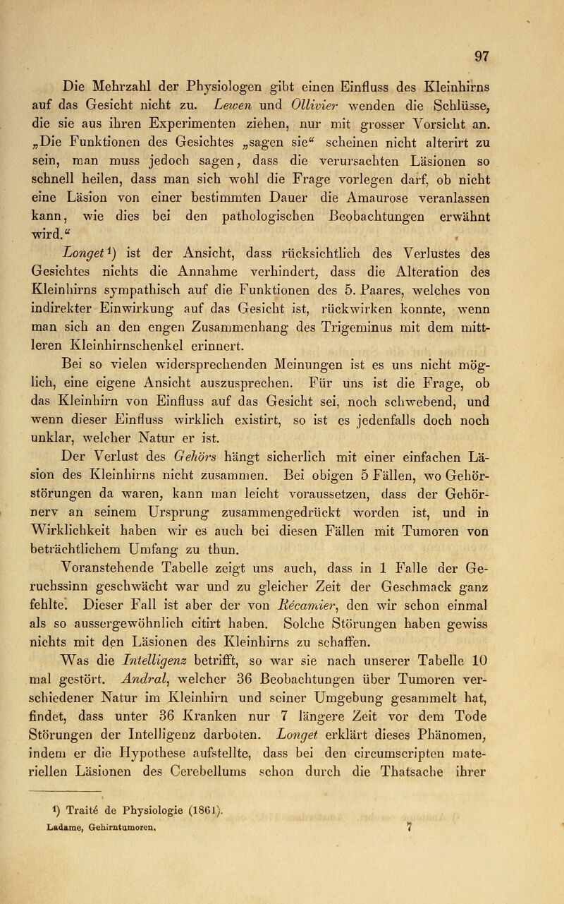 Die Mehrzahl der Physiologen gibt einen Einfluss des Kleinhirns auf das Gesicht nicht zu. Lewen und Ollivier wenden die Schlüsse, die sie aus ihren Experimenten ziehen, nur mit grosser Vorsicht an. „Die Funktionen des Gesichtes „sagen sie scheinen nicht alterirt zu sein, man muss jedoch sagen, dass die verursachten Läsionen so schnell heilen, dass man sich wohl die Frage vorlegen darf, ob nicht eine Läsion von einer bestimmten Dauer die Amaurose veranlassen kann, wie dies bei den pathologischen Beobachtungen erwähnt wird.u Longet *) ist der Ansicht, dass rücksichtlich des Verlustes des Gesichtes nichts die Annahme verhindert, dass die Alteration des Kleinhirns sympathisch auf die Funktionen des 5. Paares, welches von indirekter Einwirkung auf das Gesicht ist, rückwirken konnte, wenn man sich an den engen Zusammenhang des Trigeminus mit dem mitt- leren Kleinhirnschenkel erinnert. Bei so vielen widersprechenden Meinungen ist es uns nicht mög- lich, eine eigene Ansicht auszusprechen. Für uns ist die Frage, ob das Kleinhirn von Einfluss auf das Gesicht sei, noch schwebend, und wenn dieser Einfluss wirklich existirt, so ist es jedenfalls doch noch unklar, welcher Natur er ist. Der Verlust des Gehörs hängt sicherlich mit einer einfachen Lä- sion des Kleinhirns nicht zusammen. Bei obigen 5 Fällen, wo Gehör- störungen da waren, kann man leicht voraussetzen, dass der Gehör- nerv an seinem Ursprung zusammengedrückt worden ist, und in Wirklichkeit haben wir es auch bei diesen Fällen mit Tumoren von beträchtlichem Umfang zu thun. Voranstehende Tabelle zeigt uns auch, dass in 1 Falle der Ge- ruchssinn geschwächt war und zu gleicher Zeit der Geschmack ganz fehlte. Dieser Fall ist aber der von liecamier, den wir schon einmal als so aussergewöhnlich citirt haben. Solche Störungen haben gewiss nichts mit den Läsionen des Kleinhirns zu schaffen. Was die Intelligenz betrifft, so war sie nach unserer Tabelle 10 mal gestört. Andral, welcher 36 Beobachtungen über Tumoren ver- schiedener Natur im Kleinhirn und seiner Umgebung gesammelt hat, findet, dass unter 36 Kranken nur 7 längere Zeit vor dem Tode Störungen der Intelligenz darboten. Longet erklärt dieses Phänomen, indem er die Hypothese aufstellte, dass bei den circumscripten mate- riellen Läsionen des Cerebellums schon durch die Thatsache ihrer l) Tratte de Physiologie (1861). Ladame, Gehirntumoren,