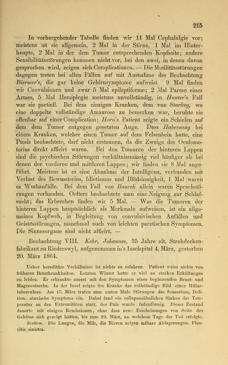 In vorhergehender Tabelle finden wir 11 Mal Cephalalgie vor; meistens ist sie allgemein, 2 Mal in der Stirne, 1 Mal im Hinter- haupte, 2 Mal in der dem Tumor entsprechenden Kopfseite; andere Sensibilitätsstörungen kommen nicht vor, bei den zwei; in denen davon gesprochen wird, zeigen sich Complicationen. — Die Motilitätsstörungen dagegen treten bei allen Fällen auf mit Ausnahme der Beobachtung Biermer's, die gar keine Gehirnsymptome aufweist. 9 Mal finden wir Convulsionen und zwar 5 Mal epileptiforme; 2 Mal Parese eines Armes, 5 Mal Hemiplegie meistens unvollständig, in Hunler's Fall war sie partiell. Bei dem einzigen Kranken, dem von Starkey, wo eine doppelte vollständige Amaurose zu bemerken war, beruhte sie offenbar auf einer Complication; Horns Patient zeigte ein Schielen auf dem dem Tumor entgegen gesetzten Auge. Dass Habersang bei einem Kranken, welcher einen Tumor auf dem Felsenbein hatte, eine Ptosis beobachtete, darf nicht erstaunen, da die Zweige des Oculomo- torius direkt afficirt waren. Bei den Tumoren der hinteren Lappen sind die psychischen Störungen verhältnissmässig viel häufiger als bei denen der vorderen und mittleren Lappen; wir finden sie 8 Mal ange- führt. Meistens ist es eine Abnahme der Intelligenz,, verbunden mit Verlust des Bewusstseins, Idiotismus und Blödsinnigkeit, 1 Mal waren es Wuthanfälle. Bei dem Fall von Baucek allein waren Sprachstö- rungen vorhanden. Oefters beobachtete man eine Neigung zur Schlaf- sucht; das Erbrechen finden wir 5 Mal. — Was die Tumoren der hinteren Lappen hauptsächlich als Merkmale aufweisen, ist ein allge- meines Kopfweh, in Begleitung von convulsivischen Anfällen und Geistesstörungen, manchmal auch von leichten paretischen Symptomen. Die Sinnesorgane sind nicht afficirt. — Beobachtung VIII. Kehr, Johannes, 35 Jahre alt, Strohdecken- fabrikant zu Riederswyl, aufgenommen in's Inselspital 4. März; gestorben 20. März 1864. Ueber hereditäre Verhältnisse ist nichts zu erfahren. Patient weiss nichts von früheren Brustkrankheiten. Letzten Winter hatte er viel an starken Erkältungen zu leiden. Er erkrankte zuerst mit den Symptomen eines beginnenden Brust- und Magencatarrhs. In der Insel zeigte der Kranke das vollständige Bild einer Miliar- tuberculose. Am 17. März traten zum ersten Male Störungen des Sensorium, Deli- rien, ataxische Symptome ein. Dabei fand ein collapsusähnliches Sinken der Tem- peratur an den Extremitäten statt, der Puls wurde fadenförmig. Dieser Zustand dauerte mit einigen Remissionen, ohne dass neue Erscheinungen von Seite des Gehirns sich gezeigt hätten, bis zum 20. März, an welchem Tage der Tod erfolgte. Scction. Die Lungen, die Milz, die Nieren zeigen miliare Ablagerungen, Pleu- ritis sinistra.