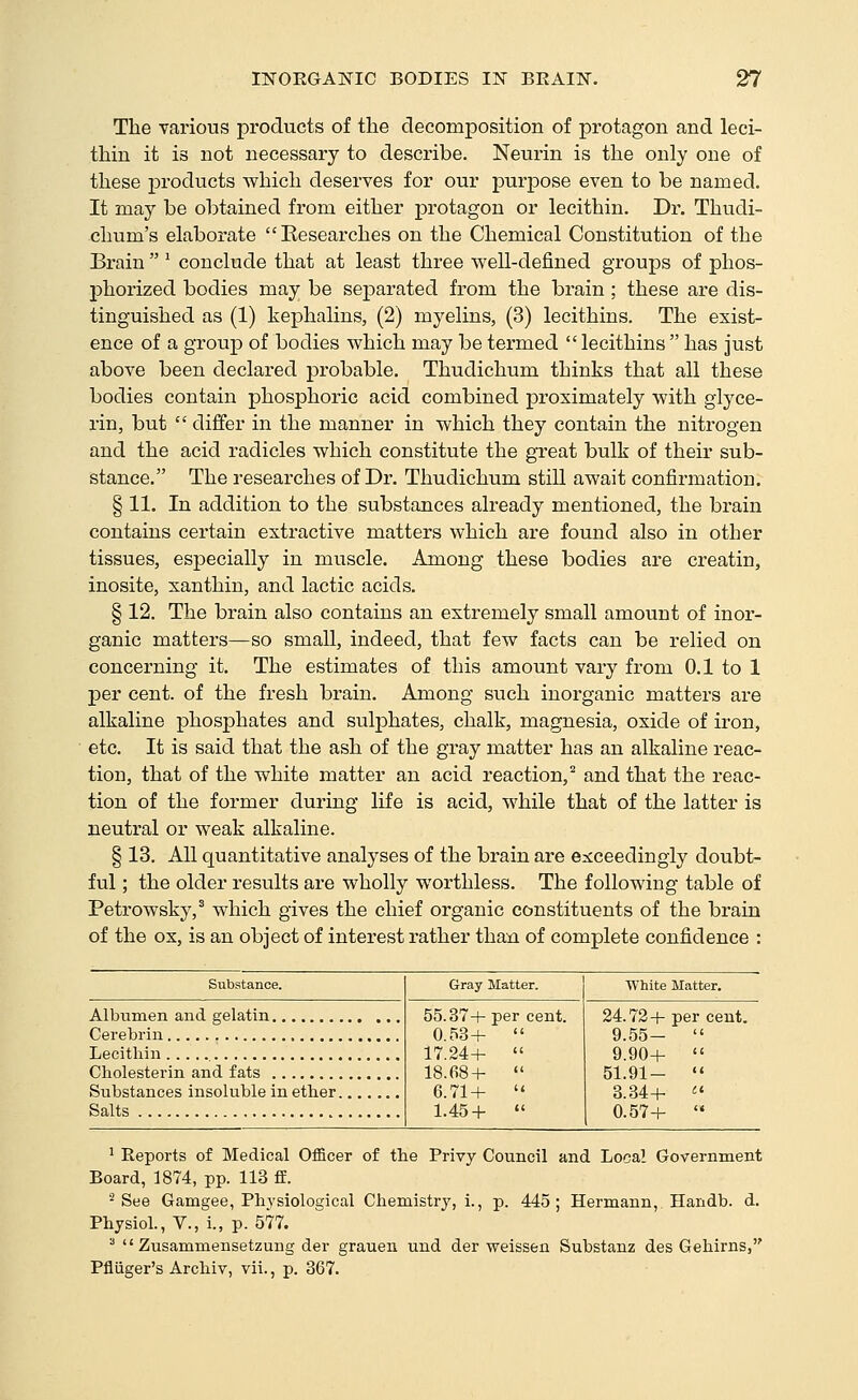 The various products of the decomposition of protagon and leci- thin it is not necessary to describe. Neurin is the only one of these products which deserves for our purpose even to be named. It may be obtained from either protagon or lecithin. Dr. Thudi- chum's elaborate Researches on the Chemical Constitution of the Brain  ' conclude that at least three well-defined groups of phos- phorized bodies may be separated from the brain ; these are dis- tinguished as (1) kephalins, (2) myelins, (3) lecithins. The exist- ence of a group of bodies which may be termed lecithins has just above been declared probable. Thudichum thinks that all these bodies contain phosphoric acid combined proximately with glyce- rin, but  differ in the manner in which they contain the nitrogen and the acid radicles which constitute the great bulk of their sub- stance. The researches of Dr. Thudichum still await confirmation. § 11. In addition to the substances already mentioned, the brain contains certain extractive matters which are found also in other tissues, especially in muscle. Among these bodies are creatin, inosite, xanthin, and lactic acids. § 12. The brain also contains an extremely small amount of inor- ganic matters—so small, indeed, that few facts can be relied on concerning it. The estimates of this amount vary from 0.1 to 1 per cent, of the fresh brain. Among such inorganic matters are alkaline j)hosphates and suljDhates, chalk, magnesia, oxide of iron, etc. It is said that the ash of the gray matter has an alkaline reac- tion, that of the white matter an acid reaction,^ and that the reac- tion of the former during life is acid, while that of the latter is neutral or weak alkaline. § 13. All quantitative analyses of the brain are exceedingly doubt- ful ; the older results are wholly worthless. The following table of Petrowsky,^ which gives the chief organic constituents of the bi'ain of the ox, is an object of interest rather than of complete confidence : Substance. Gray Matter. White Matter. Albumen and gelatin Cerebrin 55.37+ per cent. 0.53+  17.24+  18.fi8+  6.71+  1.45+  24.72+ per cent. 9.55—  Lecithin 9 90+  Cliolesterin and fats 51.91—  Substances insoluble in ether Salts 3.34+ ^' 0 57+  ' Reports of Medical Officer of the Privy Council and Local Government Board, 1874, pp. 113 fit. ■^ See Gamgee, Physiological Chemistrj', i., p. 445; Hermann, Handb. d. Physiol., v., i., p. 577. ^  Zusammensetzung der graueii und der weissen Substanz des Gehirns, Pfliiger's Archiv, vii., p. 367.