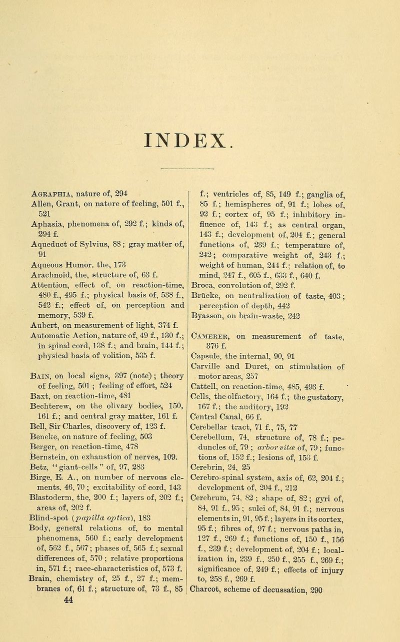 INDEX. Agraphia, nature of, 294 Allen, Grant, on nature of feeling, 501 f., 521 Aphasia, phenomena of, 292 f.; kinds of, 2941 Aqueduct of Sylvius, 88; gray matter of, 91 Aqueous Humor, the, 173 Arachnoid, the, structure of, 63 f. Attention, effect of, on reaction-time, 480 f., 495 f.; physical basis of, 538 f., 542 f.; effect of, on perception and memory, 539 f. Aubert, on measurement of light, 374 f. Automatic Action, nature of, 49 f., 130 f.; in spinal cord, 138 f.; and brain, 144 f.; physical basis of volition, 535 f. Bain, on local signs, 397 (note) ; theory of feeling, 501; feeling of effort, 524 Baxt, on reaction-time, 481 Bechterew, on the olivary bodie,«, 150, 161 f.; and central gray matter, 161 f. Bell, Sir Charles, discovery of, 123 f. Ben eke, on nature of feeling, 503 Berger, on reaction-time, 478 Bernstein, on exhaustion of nerves, 109. Betz, giant-cells of, 97, 283 Birge, E. A., on number of nervous ele- ments, 46, 70 ; excitability of cord, 143 Blastoderm, the, 200 f.; layers of, 202 £; areas of, 202 f. Blind-spot (papilla optica), 183 Body, general relations of, to mental phenomena, 560 f.; early development of, 582 f., 567; phases of, 565 f.; sexual differences of, 570 ; relative proportions in, 571 f.; race-characteristics of, 573 f. Brain, chemistry of, 25 f., 27 f.; mem- branes of, 61 f.; structure of, 73 f., 85 44 f.; ventricles of, 85, 149 f.; ganglia of, 85 f.; hemispheres of, 91 f.; lobes of, 92 f.; cortex of, 95 f.; inhibitory in- fluence of, 143 f.; as central organ, 143 f.; development of, 204 f.; general functions of, 239 f.; temperature of, 242; comparative weight of, 243 f.; weight of human, 244 f.; relation of, to mind, 247 f., 605 f., 633 f., 640 f. Broca, convolution of, 292 f. Briicke, on neutralization of taste, 403 ; perception of depth, 442 Byasson, on brain-waste, 242 Camerek, on measurement of taste, 376 f. Capsule, the internal, 90, 91 Carville and Duret, on stimulation of motor areas, 257 Cattell, on reaction-time, 485, 493 f. Cells, the olfactory, 164 f.; the gustatory, 167 f.; the auditory, 192 Central Canal, 66 f. Cerebellar tract, 71 f., 75, 77 Cerebellum, 74, structure of, 78 f.; pe- duncles of, 79 ; arbor vilce of, 79 ; func- tions of, 152 f.; lesions of, 153 f. Cerebrin, 24, 25 Cerebro-spinal system, axis of, 62, 204 f.; development of, 204 f., 212 Cerebrum, 74. 82 ; shape of, 82; gyri of, 84, 91 f., 95 ; sulci of, 84, 91 f.; nervous elements in, 91, 95 f.; layers in its cortex, 95 f.; fibres of, 97 f.; nervous paths in, 127 f., 269 f.; functions of, 150 f., 156 f., 239 f.; development of, 204 f.; local- ization in, 239 f., 250 1, 255 f., 269 f.; significance of, 249 f.; effects of injury to, 258 f., 269 f. Charcot, scheme of decussation, 290
