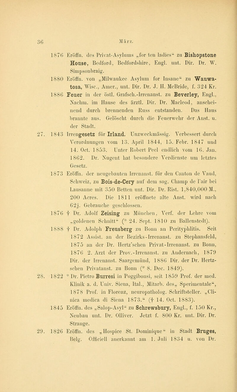 1876 Eröffn. des Privat-Asylums „for ten laclies zu Bishopstone House, Beclford, Bedfordshire, Engl. unt. Dir. Dr. W. Simpsonbraig. 1880 Eröffn. von „Milwaukee Asylum for Insane zu Wauwa- tosa, Wisc, Amer., unt. Dir. Dr. J. H. McBride, f. 324 Kr. 1886 Feuer in der östl. Grafsch.-Irrenanst. zu Beverley, Engl., Nachm. im Hause des ärztl. Dir. Dr. Macleod, anschei- nend durch brennenden Russ entstanden. Das Haus brannte aus. Gelöscht durch die Feuerwehr der Anst. u. der Stadt. 27. 1843 Irrengesetz für Irland. Unzweckmässig. Verbessert durch Verordnungen vom 13. April 1844, 15. Febr. 1847 und 14. Oct. 1853. Unter Robert Peel endlich vom 16. Jan. 1862. Dr. Nugent hat besondere Verdienste um letztes Gesetz. 1873 Eröffn. der neugebauten Irrenanst. für den Canton de Vaud, Schweiz, zu Bois-de-Cery auf dem sog. Champ de Fair bei Lausanne mit 350 Betten unt. Dir. Dr. Rist. 1,840,000 M., 200 Acres. Die 1811 eröffnete alte Anst. wird nach 62j. Gebrauche geschlossen. 1876 f Dr. Adolf Zeising zu München, Verf. der Lehre vom „goldenen Schnitt (* 24. Sept. 1810 zu Ballenstedt). 1888 f Dr. Adolph Freusberg zu Bonn an Perityphlitis. Seit 1872 Assist, an der Bezirks-Irrenanst. zu Stephansfeld, 1875 an der Dr. Hertz'schen Privat-Irren anst. zu Bonn, 1876 2. Arzt der Prov.-Irrenanst. zu Andernach, 1879 Dir. der Irrenanst. Saargemünd, 1886 Dir. der Dr. Hertz- seben Privatanst. zu Bonn (* 8. Dec. 1849). 28. 1822 * Dr. Pietro Burresi in Poggibonsi, seit 1859 Prof. der med. Klinik a. cl. Univ. Siena, Ital., Mitarb. des,, Sperimentale, 1878 Prof. in Florenz, neuropatholog. Schriftsteller. „Cli- nica medica di Siena 1873. (f 14. Oct. 1883). 1845 Eröffn. des „Salop-Asyl zu Schrewsbury, Engl, f. 150 Kr., Neubau unt. Dr. Olliver. Jetzt f. 800 Kr. unt. Dir. Dr. Strange. 29. 1826 Eröffn. des „Hospice St. Dominique in Stadt Bruges, Beb'. Officiell anerkannt am 1. Juli 1834 u. von Dr.