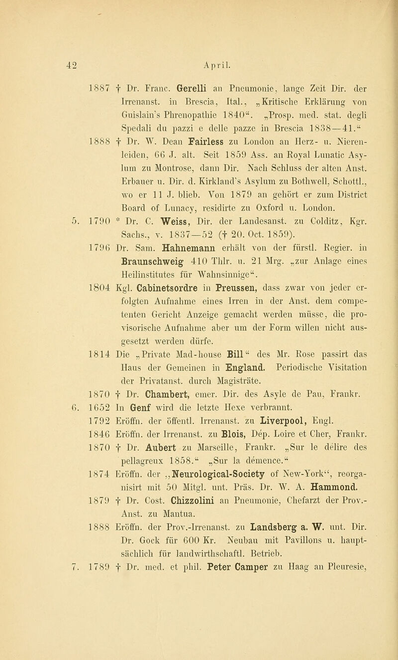 1887 f Dr. Franc. Gerelli an Pneumonie, lange Zeit Dir. der Irrenanst. in Brescia, Ital., „Kritische Erklärung von Guislain's Pkrenopathie 1840. „Prosp. med. stat. degli Spedali du pazzi e delle pazze in Brescia 1838—41. 1888 f Dr. W. Dean Fairless zu London an Herz- u. Nieren- leiden, 66 J. alt. Seit 1859 Ass. an Royal Lunatic Asy- lum zu Montrose, dann Dir. Nach Schluss der alten Anst. Erbauer u. Dir. d. Kirkland's Asylum zu Bothwell, Schottl., wo er 11 J. blieb. Von 1879 an gehört er zum District Board of Lunacy, resiclirte zu Oxford u. London. 5. 1790 * Dr. C. Weiss, Dir. der Landesanst. zu Colditz, Kgr. Sachs., v. 1837—52 (f 20. Oct. 1859). 1796 Dr. Sam. Hahnemann erhält von der fürstl. Regier, in Braunschweig 410 Thlr. u. 21 Mrg. „zur Anlage eines Heilinstitutes für Wahnsinnige. 1804 Kgl. Cabinetsordre in Preussen, dass zwar von jeder er- folgten Aufnahme eines Irren in der Anst. dem compe- tenten Gericht Anzeige gemacht werden müsse, die pro- visorische Aufnahme aber um der Form willen nicht aus- gesetzt werden dürfe. 1814 Die „Private Macl-house Bill des Mr. Rose passirt das Haus der Gemeinen in England. Periodische Visitation der Privatanst. durch Magisträte. 1870 f Dr. Chambert, emer. Dir. des Asyle de Pau, Frankr. 6. 1652 In Genf wird die letzte Hexe verbrannt. 1792 Eröffn. der öffentl. Irrenanst. zu Liverpool, Engl. 1846 Eröffn. der Irrenanst. zu Blois, Dep. Loire et Cher, Frankr. 1870 f Dr. Aubert zu Marseille, Frankr. „Sur le delire des pellagreux 1858. „Sur la demence. 1874 Eröffn. der „Neurological-Society of New-York, reorga- nisirt mit 50 Mitgl. unt. Präs. Dr. W. A. Hammond. 1879 f Dr. Cost. Chizzolini an Pneumonie, Chefarzt der Prov.- Anst. zu Mantua. 1888 Eröffn. der Prov.-Irrenanst. zu Landsberg a. W. unt. Dir. Dr. Gock für 600 Kr. Neubau mit Pavillons u. haupt- sächlich für landwirthschaftl. Betrieb. 7. 1789 f Dr. med. et phil. Peter Camper zu Haag an Pleuresie,