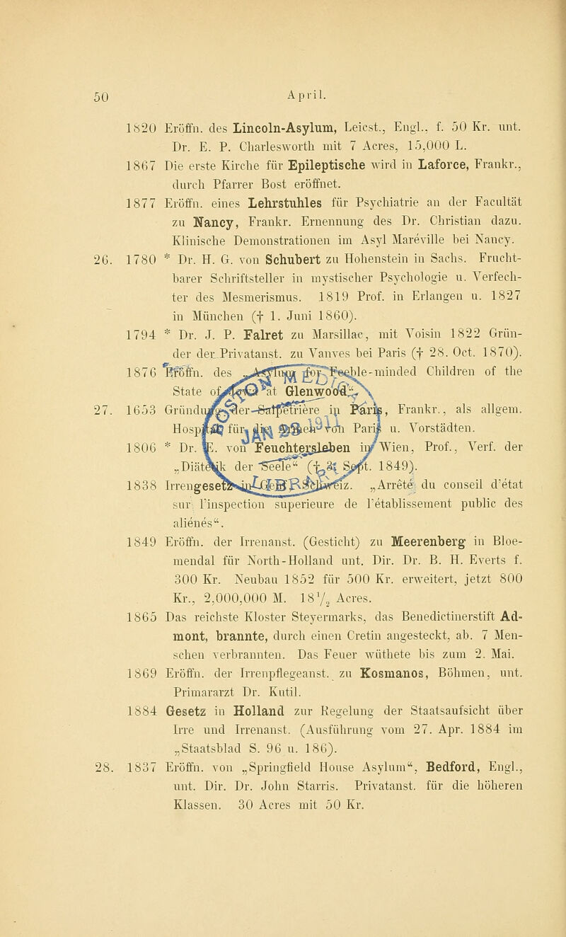 1820 Eröffn. des Lincoln-Asylum, Lernst, Engl., f. 50 Kr. unt. Dr. E. P. Charlesworth mit 7 Acres, 15,000 L. 1867 Die erste Kirche für Epileptische wird in Laforce, Frankr., durch Pfarrer Bost eröffnet. 1877 Eröffn. eines Lehrstuhles für Psychiatrie an der Facultät zu Nancy, Frankr. Ernennung des Dr. Christian dazu. Klinische Demonstrationen im Asyl Mareville bei Nancy. 26. 1780 * Dr. H. G. von Schubert zu Höllenstein in Sachs. Frucht- barer Schriftsteller in mystischer Psychologie u. Verfech- ter des Mesmerismus. 1819 Prof. in Erlangen u. 1827 in München (f 1. Juni 1860). 1794 * Dr. J. P. Falret zu Marsillac, mit Voisin 1822 Grün- der der Privatanst. zu Vanves bei Paris (f 28. Oct. 1870). Iföffn. des ^>gfTihni rfoKFe^e-minded Children of the Glenwoc/ä^y 1653 Gründuj^J?ter--&3rp^iere ,in J*arijfä, Frankr., als allgem. u. Vorstädten. 'Wien, Prof., Verf. der 1849). ?Tz. „Arrete du conseil d'etat sur l'inspection superieure de l'etablissement public des alienes. 1849 Eröffn. der Irrenanst. (Gesticht) zu Meerenberg in Bloe- mendal für North-Holland unt. Dir. Dr. B. H. Everts f. 300 Kr. Neubau 1852 für 500 Kr. erweitert, jetzt 800 Kr., 2,000,000 M. 181/, Acres. 1865 Das reichste Kloster Steyermarks, das Benedictinerstift Ad- mont, brannte, durch einen Cretin angesteckt, ab. 7 Men- schen verbrannten. Das Feuer wüthete bis zum 2. Mai. 1869 Eröffn. der Irrenpflegeanst. zu Kosmanos, Böhmen, unt. Primararzt Dr. Kutil. 1884 Gesetz in Holland zur Regelung der Staatsaufsicht über Irre und Irrenanst. (Ausführung vom 27. Apr. 1884 im „Staatsblad S. 96 u. 186). 28. 1837 Eröffn. von „Springfield Honse Asylum«, Bedford, Engl., unt. Dir. Dr. John Starris. Privatanst. für die höheren Klassen. 30 Acres mit 50 Kr.