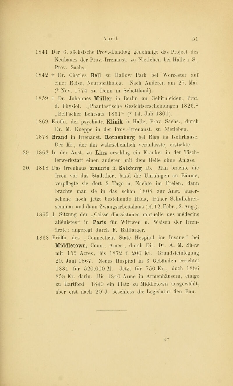 1841 Der 6. sächsische Prov.-Landtag genehmigt das Project des Neubaues der Prov.-Irrenanst. zu Nietleben bei Halle a. S., Prov. Sachs. 1842 f Dr. Charles Bell zu Hallow Park bei Worcester auf einer Reise, Neuropatholog. Nach Anderen am 27. Mai. (* Nov. 1774 zu Donn in Schottland). 1859 f Dr. Johannes Müller in Berlin an Gehirnleiden, Prof. d. Physiol. „Phantastische Gesichtserscheinungen 1826. „Bell'scher Lehrsatz 1831 (* 14. Juli 1801). 1869 Eröffn. der psychiatr. Klinik in Halle, Prov. Sachs., durch Dr. M. Koeppe in der Prov.-Irrenanst. zu Nietleben. 1878 Brand in Irrenanst. Rothenberg bei Riga im Isolirhause. Der Kr., der ihn wahrscheinlich veranlasste, erstickte. 29. 1862 In der Anst. zu Linz erschlug ein Kranker in der Tisch- lerwerkstatt einen anderen mit dem Beile ohne Anlass. 30. 1818 Das Irrenhaus brannte in Salzburg ab. Man brachte die Irren vor das Stadtthor, band die Unruhigen an Bäume, verpflegte sie dort 2 Tage u. Nächte im Freien, dann brachte man sie in das schon 1808 zur Anst. auser- sehene noch jetzt bestehende Haus, früher Schullehrer- seminar und dann Zwangsarbeitshaus (cf. 12.Febr., 2. Aug.). 1865 1. Sitzung der „Caisse d'assistance mutuelle des medecins alienistes in Paris für Wittwen u. Waisen der Irren- ärzte; angeregt durch F. Baillarger. 1868 Eröffn. des „Connecticut State Hospital for Insane bei Middletown, Conn., Amer., durch Dir. Dr. A. M. Shew mit 155 Acres, bis 1872 f. 200 Kr. Grundsteinlegung 20. Juni 1867. Neues Hospital in 3 Gebäuden errichtet 1881 für 520,000 M. Jetzt für 750 Kr., doch 1886 858 Kr. darin. Bis 1840 Arme in Armenhäusern, einige zu Hartford. 1840 ein Platz zu Middletown ausgewählt, aber erst nach 20 J. beschloss die Legislatur den Bau.