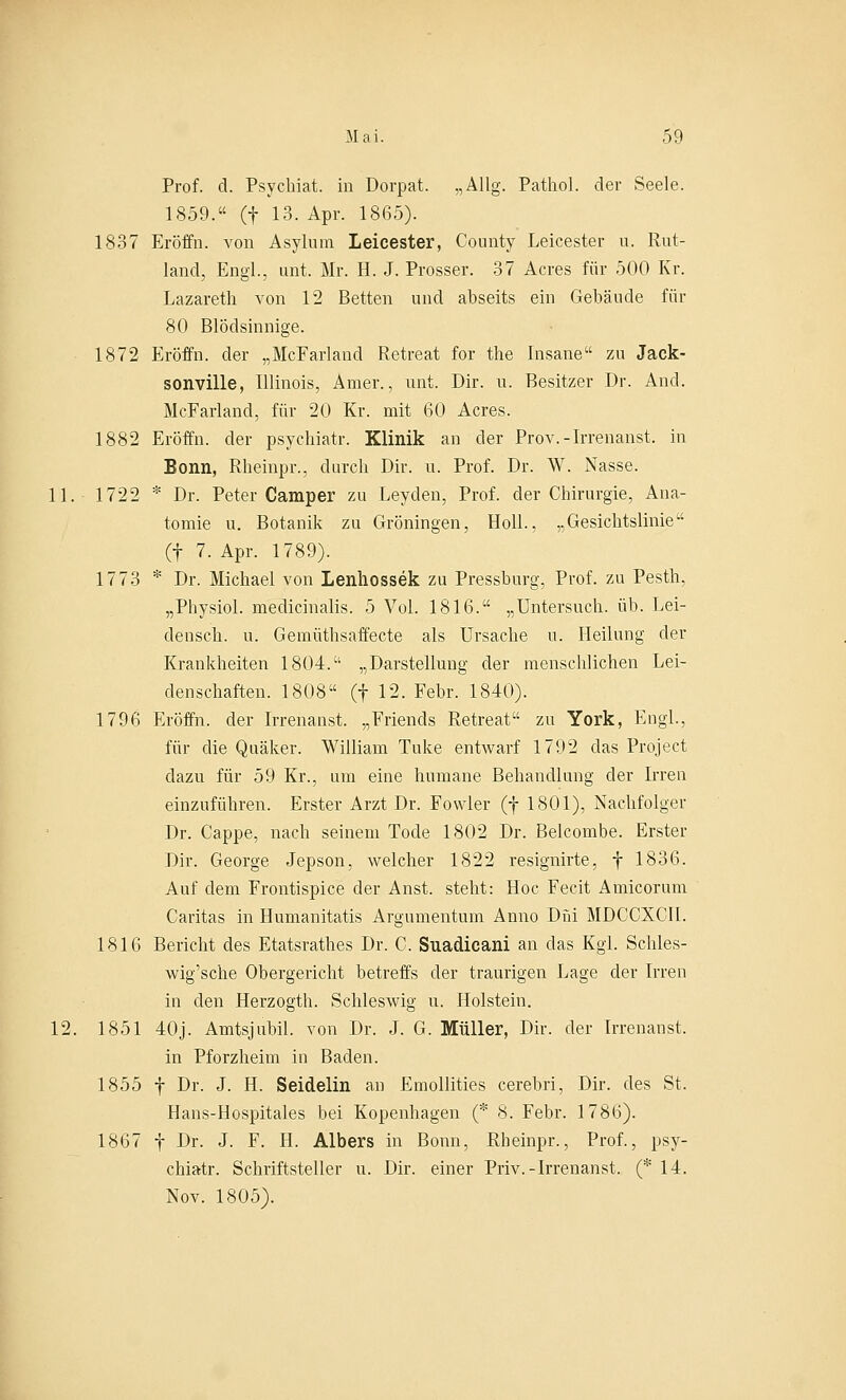 Prof. d. Psychiat. in Dorpat. „Allg. Pathol. der Seele. 1859.« (f 13. Apr. 1865). 1837 Eröffn. von Asylum Leicester, County Leicester u. Rut- land, Engl., unt. Mr. H. J. Prosser. 37 Acres für 500 Kr. Lazareth von 12 Betten und abseits ein Gebäude für 80 Blödsinnige. 1872 Eröffn. der „McFarland Retreat for the Insane zu Jack- sonville, Illinois, Amer., unt. Dir. u. Besitzer Dr. And. McFarland, für 20 Kr. mit 60 Acres. 1882 Eröffn. der psychiatr. Klinik an der Prov.-Irrenanst, in Bonn, Rheinpr.. durch Dir. u. Prof. Dr. W. Nasse. 11. 1722 * Dr. Peter Camper zu Leyclen, Prof. der Chirurgie, Ana- tomie u. Botanik zu Groningen, Holl., „Gesichtslinie (f 7. Apr. 1789). 1773 * Dr. Michael von Lenhossek zu Pressburg, Prof. zu Pesth, „Physiol. meclicinalis. 5 Vol. 1816. „Untersuch, üb. Lei- densch. u. Gemüthsaffecte als Ursache u. Heilung der Krankheiten 1804. „Darstellung der menschlichen Lei- denschaften. 1808 (f 12. Febr. 1840). 1796 Eröffn. der Irrenanst. „Friends Retreat zu York, Engl., für die Quäker. William Tuke entwarf 1792 das Project dazu für 59 Kr., um eine humane Behandlung der Irren einzuführen. Erster Arzt Dr. Fowler (f 1801), Nachfolger Dr. Cappe, nach seinem Tode 1802 Dr. Belcombe. Erster Dir. George Jepson, welcher 1822 resignirte, f 1836. Auf dem Frontispice der Anst. steht: Hoc Fecit Amicorum Caritas in Humanitatis Argumentum Anno Düi MDCCXCH. 1816 Bericht des Etatsrathes Dr. C. Suadicani an das Kgl. Schles- wig'sche Obergericht betreffs der traurigen Lage der Irren in den Herzogth. Schleswig u. Holstein. 12. 1851 40j. Amtsjubil. von Dr. J. G. Müller, Dir. der Irrenanst. in Pforzheim in Baden. 1855 f Dr. J. H. Seidelin an Emollities cerebri, Dir. des St. Hans-Hospitales bei Kopenhagen (* 8. Febr. 1786). 1867 f Dr. J. F. H. Albers in Bonn, Rheinpr., Prof., psy- chiatr. Schriftsteller u. Dir. einer Priv.-Irrenanst. (* 14. Nov. 1805).