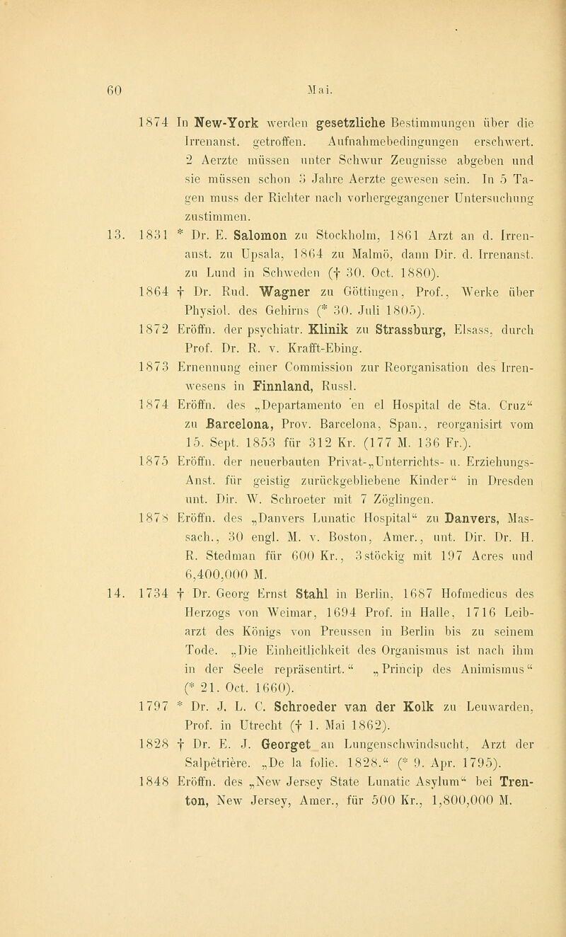 1874 In New-York werden gesetzliche Bestimmungen über die Irrenanst. getroffen. Aufnahmebedingungen erschwert. 2 Aerzte müssen unter Schwur Zeugnisse abgeben und sie müssen schon 3 Jahre Aerzte gewesen sein. In 5 Ta- gen muss der Richter nach vorhergegangener Untersuchung zustimmen. 13. 1831 * Dr. E. Salomon zu Stockholm, 1861 Arzt an d. Irren- anst. zu Upsala, 1864 zu Malmö, dann Dir. d. Irrenanst. zu Lund in Schweden (f 30. Oct. 1880). 1864 f Dr. Rud. Wagner zu Göttingen, Prof., Werke über Physiol. des Gehirns (* 30. Juli 1805). 1872 Eröffn. der psychiatr. Klinik zu Strassburg, Elsass, durch Prof. Dr. R. v. Krafft-Ebing. 1873 Ernennung einer Commission zur Reorganisation des Irren- wesens in Finnland, Russl. 1874 Eröffn. des „Departamento en el Hospital de Sta. Cruz zu Barcelona, Prov. Barcelona, Span., reorganisirt vom 15. Sept. 1853 für 312 Kr. (177 M. 136 Fr.). 1875 Eröffn. der neuerbauten Privat-„Unterrichts- u. Erziehungs- Anst. für geistig zurückgebliebene Kinder in Dresden unt. Dir. W. Schroeter mit 7 Zöglingen. 1878 Eröffn. des „Danvers Lunatic Hospital zu Danvers, Mas- sach., 30 engl. M. v. Boston, Amer., unt. Dir. Dr. H. R. Stedman für 600 Kr., 3stöckig mit 197 Acres und 6,400.000 M. 14. 1734 f Dr. Georg Ernst Stahl in Berlin, 1687 Hofmedicus des Herzogs von AVeimar, 1694 Prof. in Halle, 1716 Leib- arzt des Königs von Preussen in Berlin bis zu seinem Tode. „Die Einheitlichkeit des Organismus ist nach ihm in der Seele repräsentirt.  „ Princip des Animismus (* 21. Oct. 1660). 1797 * Dr. J. L. C. Schroeder van der Kolk zu Leuwarden, Prof. in Utrecht (f 1. Mai 1862). 1828 f Dr. E. J. Georget an Lungenschwindsucht, Arzt der Salpetriere. „De la folie, 1828. (* 9. Apr. 1795). 1848 Eröffn. des „New Jersey State Lunatic Asylum bei Tren- ton, New Jersey, Amer., für 500 Kr., 1,800,000 M.