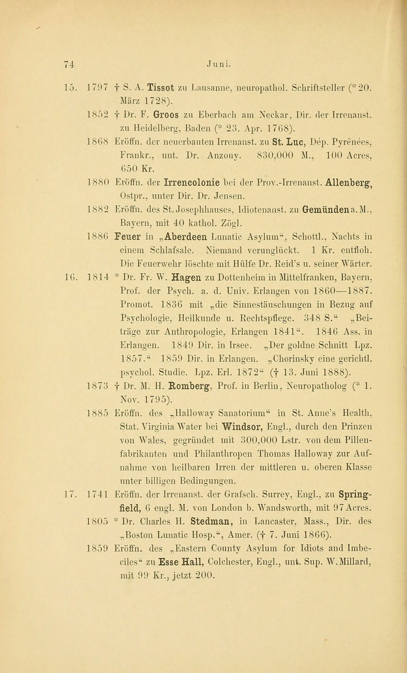 15. 1797 f S. A. Tissot zu Lausanne, neuropathol. Schriftsteller (*20. März 1728). 1852 f Dr. F. Groos zu Eberbach am Neckar, Dir. der Irrenanst. zn Heidelberg, Baden (* 23. Apr. 1768). 1868 Eröffn. der neuerbauten Irrenanst. zu St. Luc, Dep. Pyrenees, Frankr., mit. Dr. Anzouy. 830,000 M., 100 Acres, 650 Kr. 1880 Eröffn. der Irrencolonie bei der Prov.-Irrenanst. Allenberg, Ostpr., unter Dir. Dr. Jensen. 1882 Eröffn. des St. Josephhauses, Idiotenanst. zu Gemündena.M., Bayern, mit 40 kathol. Zögl. 1886 Feuer in „Aberdeen Lunatic Asylum., Schottl., Nachts in einem Schlafsale. Niemand verunglückt. 1 Kr. entfloh. Die Feuerwehr löschte mit Hülfe Dr. Reid's u. seiner Wärter. 16. 1814 * Dr. Fr. W. Hagen zu Dottenheim in Mittelfranken, Bayern, Prof. der Psych, a, d. Univ. Erlangen von 1860—1887. Promot. 1836 mit „die Sinnestäuschungen in Bezug auf Psychologie, Heilkunde u. Rechtspflege. 348 S. „Bei- träge zur Anthropologie, Erlangen 1841. 1846 Ass. in Erlangen. 1849 Dir. in Irsee. „Der goldne Schnitt Lpz. 1857. 1859 Dir. in Erlangen. „Chorinsky eine gerichtl. psychol. Studie. Lpz. Erl. 1872 (f 13. Juni 1888). 1873 f Dr. M. H. Romberg, Prof. in Berlin, Neuropatholog (* 1. Nov. 1795). 1885 Eröffn. des „Halloway Sanatorium in St. Anne's Health, Stat. Virginia AVater bei Windsor, Engl., durch den Prinzen von Wales, gegründet mit 300,000 Lstr. von dem Pillen- fabrikanten und Philanthropen Thomas Halloway zur Auf- nahme von heilbaren Irren der mittleren u. oberen Klasse unter billigen Bedingungen. 17. 1741 Eröffn. der Irrenanst. der Grafseh. Surrey, Engl., zu Spring- field, 6 engl. M. von London b. Wandsworth, mit 97 Acres. 1805 * Dr. Charles H. Stedman, in Lancaster, Mass., Dir. des „Boston LunatiG Hosp., Amer. (f 7. Juni 1866). 1859 Eröffn. des „Eastern County Asylum for Idiots and Imbe- ciles zu Esse Hall, Colchester, Engl., mit. Sup. W.Miliare!, mit 99 Kr., jetzt 200.