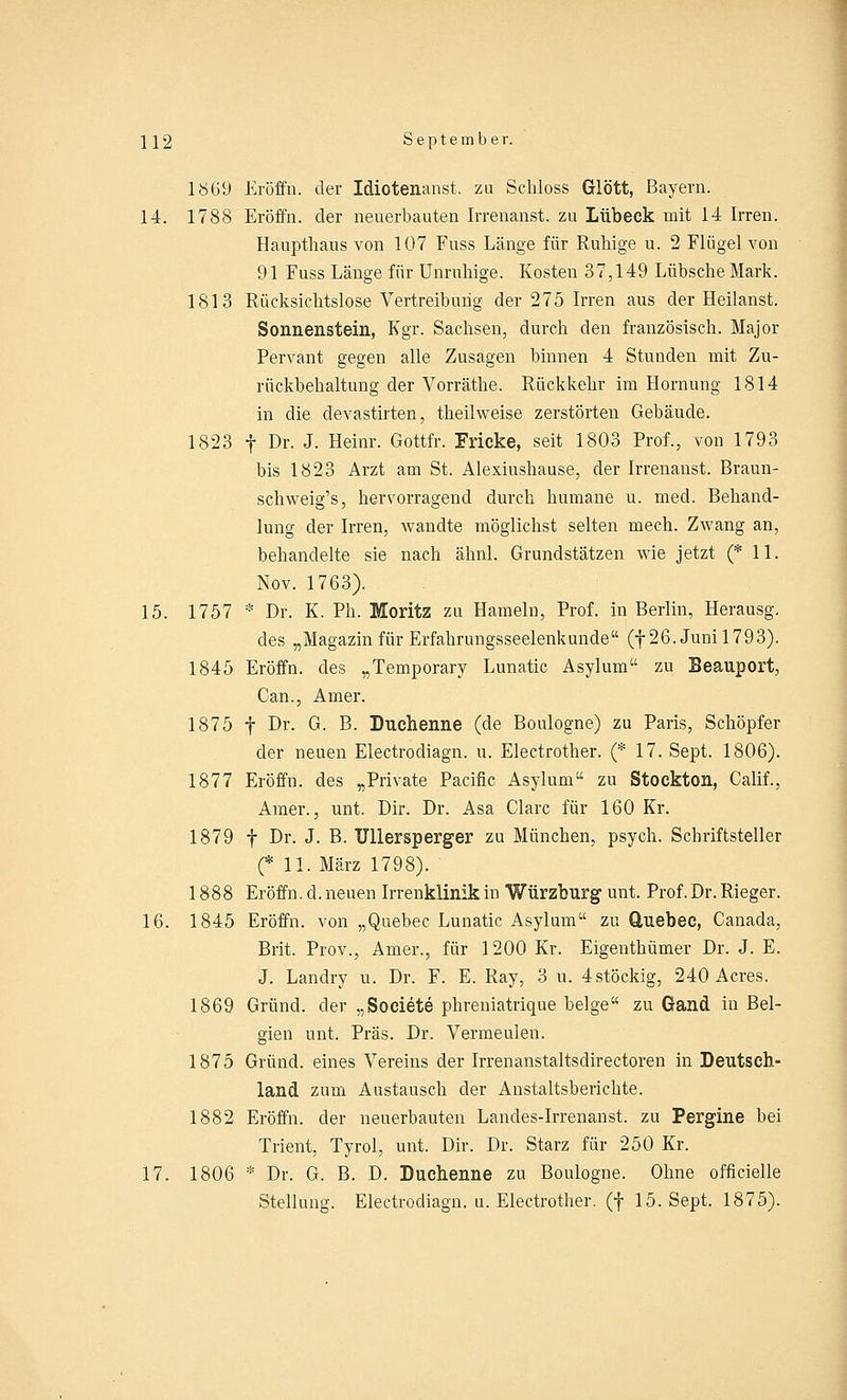 1869 Eröffn. der Idiotenanst, zu Schloss Glött, Bayern. 14. 1788 Eröffn. der neuerbauten Irrenanst. zu Lübeck mit 14 Irren. Haupthaus von 107 Fuss Länge für Ruhige u. 2 Flügel von 91 Fuss Länge für Unruhige. Kosten 37,149 Lübsche Mark. 1813 Rücksichtslose Vertreibung der 275 Irren aus der Heilanst. Sonnenstein, Kgr. Sachsen, durch den französisch. Major Pervant gegen alle Zusagen binnen 4 Stunden mit Zu- rückbehaltung der Vorräthe. Rückkehr im Hornung 1814 in die devastirten, theilweise zerstörten Gebäude. 1823 f Dr. J. Heinr. Gottfr. Fricke, seit 1803 Prof., von 1793 bis 1823 Arzt am St. Alexiushause, der Irrenanst. Braun- schweig's, hervorragend durch humane u. med. Behand- lung der Irren, wandte möglichst selten mech. Zwang an, behandelte sie nach ähnl. Grundstätzen wie jetzt (* 11. Nov. 1763). 15. 1757 * Dr. K. Ph. Moritz zu Hameln, Prof. in Berlin, Herausg. des „Magazinfür Erfahrungsseelenkunde (f 26. Junil793). 1845 Eröffn. des „Temporary Lunatic Asylum zu Beauport, Can., Amer. 1875 f Dr. G. B. Duchenne (de Boulogne) zu Paris, Schöpfer der neuen Electrodiagn. u. Electrother. (* 17. Sept. 1806). 1877 Eröffn. des „Private Pacific Asylum zu Stockton, Calif., Amer., unt. Dir. Dr. Asa Cläre für 160 Kr. 1879 f Dr. J. B. ITllersperger zu München, psych. Schriftsteller (* 11. März 1798). ' 1888 Eröffn. d. neuen Irrenklinik in Würzburg unt. Prof. Dr. Rieger. 16. 1845 Eröffn. von „Quebec Lunatic Asylum zu Quebec, Canada, Brit. Prov., Amer., für 1200 Kr. Eigenthümer Dr. J. E. J. Landry u. Dr. F. E. Ray, 3 u. 4stöckig, 240 Acres. 1869 Grund, der „Societe phreniatrique beige zu Gand in Bel- gien unt. Präs. Dr. Vermeulen. 1875 Grund, eines Vereins der Irrenanstaltsdirectoren in Deutsch- land zum Austausch der Anstaltsberichte. 1882 Eröffn. der neuerbauten Landes-Irrenanst. zu Pergine bei Trient, Tyrol, unt. Dir. Dr. Starz für 250 Kr. 17. 1806 * Dr. G. B. D. Duchenne zu Boulogne. Ohne officielle Stellung. Electrodiagn. u. Electrother. (f 15. Sept. 1875).