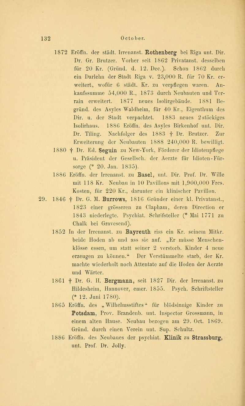 1872 Eröffn. der städt. Irrenanst. Bothenberg bei Riga unt. Dir. Dr. Gr. Brutzer. Vorher seit 1862 Privatanst. desselben für 20 Kr. (Grund, d. 12. Dec). Schon 1862 durch ein Darlehn der Stadt Riga v. 23,000 R. für 70 Kr. er- weitert, wofür 6 städt. Kr. zu verpflegen waren. An- kaufssumme 54,000 R., 1873 durch Neubauten und Ter- rain erweitert. 1877 neues Isolirgebäude. 1881 Be- gründ. des Asyles Waldheim, für 40 Kr., Eigenthum des Dir. u. der Stadt verpachtet. 1883 neues 2 stöckiges Isolirhaus. 1886 Eröffn. des Asyles Birkenhof unt. Dir. Dr. Tiling. Nachfolger des 1883 f Dr. Brutzer. Zur Erweiterung der Neubauten 1888 240,000 R. bewilligt. 1880 f Dr. Ed. Seguin zu New-York, Förderer der Idiotenpflege u. Präsident der Gesellsch. der Aerzte für Idioten-Für- sorge (* 20. Jan. 1835). 1886 Eröffn. der Irrenanst. zu Basel, unt. Dir. Prof. Dr. Wille mit 118 Kr. Neubau in 10 Pavillons mit 1,900,000 Frcs. Kosten, für 220 Kr., darunter ein klinischer Pavillon. 29. 1846 f Dr. G. M. Burrows, 1816 Gründer einer kl. Privatanst., 1823 einer grösseren zu Clapham, deren Direction er 1843 niederlegte. Psychiat. Schrifsteller (* Mai 1771 zu Chalk bei Gravesend). 1852 In der Irrenanst. zu Bayreuth riss ein Kr. seinem Mitkr. beide Hoden ab und ass sie auf. „Er müsse Menschen- klösse essen, um statt seiner 2 verstorb. Kinder 4 neue erzeugen zu können. Der Verstümmelte starb, der Kr. machte wiederholt noch Attentate auf die Hoden der Aerzte und Wärter. 1861 f Dr. G. H. Bergmann, seit 1827 Dir. der Irrenanst. zu Hildesheim, Hannover, emer. 1855. Psych. Schriftsteller (* 12. Juni 1780). 1865 Eröffn. des „Wilhelmsstiftes für blödsinnige Kinder zu Potsdam, Prov. Brandenb. unt. Inspector Grossmann, in einem alten Hause. Neubau bezogen am 29. Oct. 1869. Grund, durch einen Verein unt. Sup. Schultz. 1886 Eröffn. des Neubaues der psychiat. Klinik zu Strassburg, unt. Prof. Dr. Jolly.