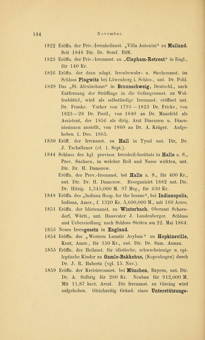 1822 Eröffn. der Priv.-Irrenheilanst. „Villa Antonini zu Mailand. Seit 1848 Dir. Dr. Seraf. Biffi. 1823 Eröffn. der Priv.-Irrenanst. zu „Clapham-Retreat in Engl., für 140 Kr. 1826 Eröffn. der dazu adapt. Irrenbewahr- u. Siechenanst. im Scbloss Plagwitz bei Löwenberg i. Schles., unt. Dr. Pohl. 1829 Das „St. Alexiushaus in Braunschweig, Deutschi., nach Entfernung der Sträflinge in die Gefangenanst. zu Wol- fenbüttel, wird als selbständige Irrenanst. eröffnet unt. Dr. Franke. Vorher von 1793 — 1823 Dr. Fricke, von 1823—28 Dr. Proel, von 1840 an Dr. Mansfeld als Assistent, der 1856 als dirig. Arzt Diaconen u. Diaco- nissinnen anstellt, von 1860 an Dr. A. Krüger. Aufge- hoben 1. Dec. 1865. 1830 Eröff. der Irrenanst. zu Hall in Tyrol unt. Dir, Dr. J. Tschallener (cf. 1. Sept.). 1844 Schluss des kgl. provisor. Irrenheil-Instituts in Halle a. S., Prov. Sachsen, in welcher Reil und Nasse wirkten, unt. Dir. Dr. H. Damerow. Eröffn. der Prov.-Irrenanst. bei Halle a. S., für 400 Kr., unt. Dir. Dr. H. Damerow. Reorganisirt 1882 unt. Dir. Dr. Hitzig. 1,345,000 M. 97 Mrg., für 630 Kr. 1848 Eröffn. des „Indiana Hosp. for the Insane, bei Indianopolis, Indiana, Amer., f. 1320 Kr. 5,600,000 M., mit 160 Acres. 1851 Eröffn. der Idiotenanst. zu Winterbach, Oberamt Schorn- dorf, Württ., unt. Hausvater J. Landenberger. Schluss und Uebersiedlung nach Schloss Stetten am 22. Mai 1864. 1853 Neues Irrengesetz in England. 1854 Eröffn. des „Western Lunatic Asylum zu Hopkinsville, Kent, Amer., für 350 Kr., unt. Dir. Dr. Sam. Annan. 1855 Eröffn. der Heilanst. für idiotische, schwachsinnige u. epi- leptische Kinder zu Gamle-Bakkehus, (Kopenhagen) durch Dr. J. R. Hubertz (vgl. 15. Nov.). 1859 Eröffn. der Kreisirrenanst. bei München, Bayern, unt. Dir. Dr. A. Solbrig für 280 Kr. Neubau für 912,000 M. Mit 11,87 hect. Areal. Die Irrenanst. zu Giesing wird aufgehoben. Gleichzeitig Grund, eines Unterstützungs-