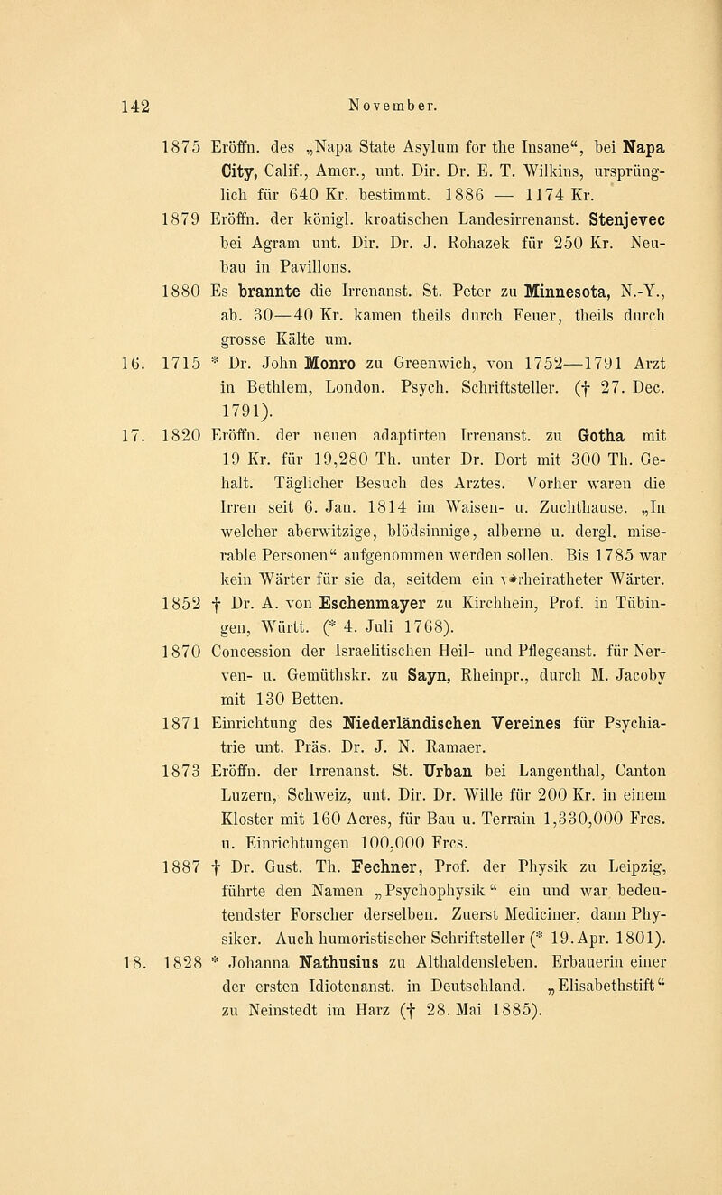 1875 Eröffn. des „Napa State Asylum for the Insane, bei Napa City, Calif., Amer., unt. Dir. Dr. E. T. Wilkins, ursprüng- lich für 640 Kr. bestimmt. 1886 — 1174 Kr. 1879 Eröffn. der königl. kroatischen Landesirrenanst. Stenjevec bei Agram unt. Dir. Dr. J. Rohazek für 250 Kr. Neu- bau in Pavillons. 1880 Es brannte die Irrenanst. St. Peter zu Minnesota, N.-Y., ab. 30—40 Kr. kamen theils durch Feuer, theils durch grosse Kälte um. 16. 1715 * Dr. John Monro zu Greenwich, von 1752—1791 Arzt in Bethlem, London. Psych. Schriftsteller, (f 27. Dec. 1791). 17. 1820 Eröffn. der neuen adaptirten Irrenanst. zu Gotha mit 19 Kr. für 19,280 Th. unter Dr. Dort mit 300 Th. Ge- halt. Täglicher Besuch des Arztes. Vorher waren die Irren seit 6. Jan. 1814 im Waisen- u. Zuchthause. „In welcher aberwitzige, blödsinnige, alberne u. dergl. mise- rable Personen aufgenommen werden sollen. Bis 1785 war kein Wärter für sie da, seitdem ein \*rheiratheter Wärter. 1852 f Dr. A. von Eschenmayer zu Kirchhein, Prof. in Tübin- gen, Württ. (* 4. Juli 1768). 1870 Concession der Israelitischen Heil- und Pflegeanst. für Ner- ven- u. Gemüthskr. zu Sayn, Rheinpr., durch M. Jacoby mit 130 Betten. 1871 Einrichtung des Niederländischen Vereines für Psychia- trie unt. Präs. Dr. J. N. Ramaer. 1873 Eröffn. der Irrenanst. St. Urban bei Langenthai, Canton Luzern, Schweiz, unt. Dir. Dr. Wille für 200 Kr. in einem Kloster mit 160 Acres, für Bau u. Terrain 1,330,000 Frcs. u. Einrichtungen 100,000 Frcs. 1887 f Dr. Gust. Th. Fechner, Prof. der Physik zu Leipzig, führte den Namen „Psychophysik ein und war bedeu- tendster Forscher derselben. Zuerst Medianer, dann Phy- siker. Auch humoristischer Schriftsteller (* 19. Apr. 1801). 18. 1828 * Johanna Nathusius zu Althaldensleben. Erbauerin einer der ersten Idiotenanst. in Deutschland. „Elisabethstift zu Neinstedt im Harz (f 28. Mai 1885).