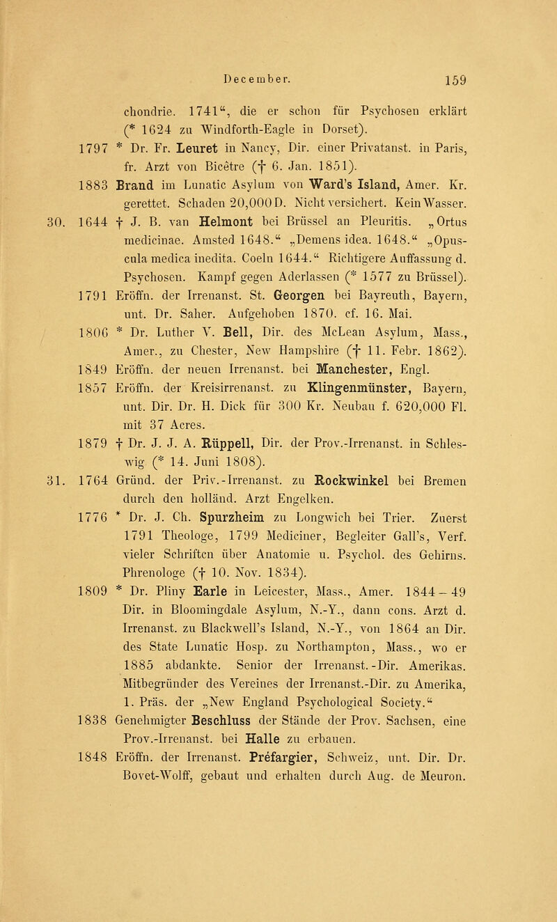 chondrie. 1741, die er schon für Psychosen erklärt (* 1624 zu Windforth-Eagle in Dorset). 1797 * Dr. Fr. Leuret in Nancy, Dir. einer Privatanst. in Paris, fr. Arzt von Bicetre (j- 6. Jan. 1851). 1883 Brand im Lunatic Asyl um von Ward's Island, Amer. Kr. gerettet. Schaden 20,000 D. Nicht versichert. Kein Wasser. 30. 1644 f J. B. van Helmont hei Brüssel an Pleuritis. „Ortus medicinae. Amsted 1648. „Demens idea. 1648. „Opus- cula medica inedita. Coeln 1644. Richtigere Auffassung d. Psychosen. Kampf gegen Aderlassen (* 1577 zu Brüssel). 1791 Eröffn. der Irrenanst. St. Georgen bei Bayreuth, Bayern, nnt. Dr. Saher. Aufgehoben 1870. cf. 16. Mai. 1806 * Dr. Luther V. Bell, Dir. des McLean Asylum, Mass., Amer., zu Chester, New Hampshire (f 11. Febr. 1862). 1849 Eröffn. der neuen Irrenanst. bei Manchester, Engl. 1857 Eröffn. der Kreisirrenanst. zu Klingenmünster, Bayern, mit. Dir. Dr. H. Dick für 300 Kr. Neubau f. 620,000 Fl. mit 37 Acres. 1879 f Dr. J. J. A. Rüppell, Dir. der Prov.-Irrenanst. in Schles- wig (* 14. Juni 1808). 31. 1764 Grund, der Priw-Irrenanst. zu Rockwinkel bei Bremen durch den holländ. Arzt Engelken. 1776 * Dr. J. Ch. Spurzheim zu Longwich bei Trier. Zuerst 1791 Theologe, 1799 Medianer, Begleiter Gall's, Verf. vieler Schriften über Anatomie u. Psychol. des Gehirns. Phrenologe (f 10. Nov. 1834). 1809 * Dr. Pliny Earle in Leicester, Mass., Amer. 1844-49 Dir. in Bloomingdale Asylum, N.-Y., dann cons. Arzt d. Irrenanst. zu Blackwell's Island, N.-Y., von 1864 an Dir. des State Lunatic Hosp. zu Northampton, Mass., wo er 1885 abdankte. Senior der Irrenanst.-Dir. Amerikas. Mitbegründer des Vereines der Irrenanst.-Dir. zu Amerika, 1. Präs. der „New England Psychological Society. 1838 Genehmigter Beschluss der Stände der Prov. Sachsen, eine Prov.-Irrenanst. bei Halle zu erbauen. 1848 Eröffn. der Irrenanst. Prefargier, Schweiz, unt. Dir. Dr. Bovet-Wolff, gebaut und erhalten durch Aug. de Meuron.
