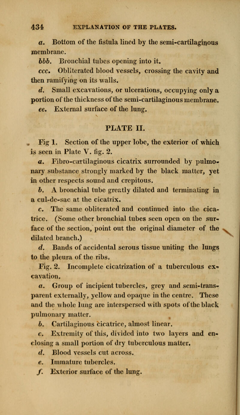 a. Bottom of the fistula lined by the semi-cartilaginous membrane. bbb. Bronchial tubes opening into it. ccc. Obliterated blood vessels, crossing the cavity and then ramifying on its walls. d. Small excavations, or ulcerations, occupying only a portion of the thickness of the semi-cartilaginous membrane. ee. External surface of the lung. PLATE II. Fig 1. Section of the upper lobe, the exterior of which is seen in Plate V. fig. 2. a. Fibro-cartilaginous cicatrix surrounded by pulmo- nary substance strongly marked by the black matter, yet in other respects sound and crepitous. b. A bronchial tube greatly dilated and terminating in a cul-de-sac at the cicatrix. c. The same obliterated and continued into the cica- trice. (Some other bronchial tubes seen open on the sur- face of the section, point out the original diameter of the dilated branch.) d. Bands of accidental serous tissue uniting the lungs to the pleura of the ribs. Fig. 2. Incomplete cicatrization of a tuberculous ex- cavation. a. Group of incipient tubercles, grey and semi-trans- parent externally, yellow and opaque in the centre. These and the whole lung are interspersed with spots of the black pulmonary matter. b. Cartilaginous cicatrice, almost linear. c. Extremity of this, divided into two layers and en- c losing a small portion of dry tuberculous matter. d. Blood vessels cut across. e. Immature tubercles. /. Exterior surface of the lung. \