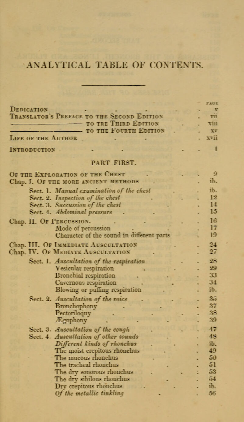 ANALYTICAL TABLE OF CONTENTS. Dedication Translator's Prepack to the Second Edition to tre Third Edit: TO THE ForRTH EDITION Life of the Acthor Introduction PART FIRST. Of the Exploration of the Chest Chap. I. Of the more ancient methods Sect. 1. Manual examination of the chest Sect. 2. Inspection of the chest Sect. 3. Succession of the chest Sect. 4. AMominal pressure Chap. n. Of Percussion. Mode of percussion Character of the sound in different parts Chap. III. Of Immediate Auscultation Chap. IT. Of Mediate Auscultat: Sect. 1. Auscultation of the respiration Vesicular respiration Bronchial respiration Cavernous respiration Blowing or puffing respiration vf::. 9L Auscultation of the voice Bronchophony Pectoriloquy JEgophony Sect. 3. Auscultation of the cough Sect. 4 Auscultation of other sounds Different kinds of rhonchus The moist crepitous rhonchus The mucous rhonchus The tracheal rhonchus The drv sonorous rhonchus The drv sihilous rhonchus Drv crepitous rhonchus Of the metallic tinkling vn ::::: xv xvii 9 ib. ib. 12 14 1-5 16 17 19 24 27 38 23 33 34 ib. 35 37 18 39 47 45 ib. 49 50 51 53 54 ib. 56