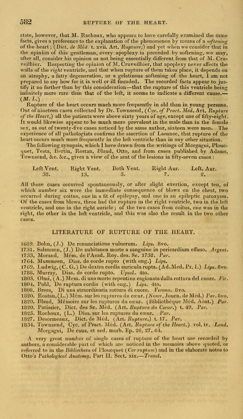 state, however, that M. Rachoux, who appears to have carefully examined the same facts, gives a preference to the explanation of the phenomenon by means of a softening of the heart; {Diet, de Med. t. xvii. Art. Rupture;) and yet when we consider that in the opinion of this gentleman, every apoplexy is preceded by softening, we may, after all, consider his opinion as not being essentially different from that of M. Cru- veilhier. Respecting the opinion of M. Cruveilhier, that apoplexy never affects the walls of the right ventricle, and that when rupture of them takes place, it depends on an atrophy, a fatty degeneration, or a gelatinous softening of the heart, I am not prepared to say how far it is well or ill founded. The recorded facts appear to jus- tify it no farther than by this consideration—that the rupture of this ventricle being infinitely mere rare than that of the left, it seems to indicate a different cause.— Rupture of the heart occurs much more frequently in old than in young persons. Out of nineteen cases collected by Dr. Townsend, (Cyc. of Pract. Med. Art. Rupture of the Heart,) all the patients were above sixty years of age, except one of fifty-eight. It would likewise appear to be much more prevalent in the male than in the female sex, as out of twenty-five cases noticed by the same author, sixteen were men. The experience of all pathologists confirms the assertion of Laennec, that rupture of the heart occurs much more frequently in the left ventricle than in any other situation. The following synopsis, which I have drawn from the writings of Morgagni, Plouc- quet, Testa, Bertin, Rostan, Blaud, Otto, and from cases published by Adams, Townsend, &c. &c, gives a view of the seat of the lesions in fifty-seven cases : Left Vent. Right Vent. Both Vent. Right Aur. Left. Aur. 32. 13. 3. 7. 2. All these cases occurred spontaneously, or after slight exertion, except ten, of which number six were the immediate consequence of blows on the chest, two occurred during coitus, one in a fit of epilepsy, and one in an epileptic paroxysm. Of the cases from blows, three had the rupture in the right ventricle, two in the left ventricle, and one in the right auricle; of the two cases from coitus, one was in the right, the other in the left ventricle, and this was also the result in the two other cases. LITERATURE OF RUPTURE OF THE HEART. 1609. Bolin, (J.) De renunciations vulnerum. Lips. 8vo. 1731. Salzmann, (J.) De subitanea morte a sanguine in pericardium effuso. Argent. 1733. Morand, Mem. de l'Acad. Roy. des. Sc. 1732. Par. 17(34. Mummsen, Diss, de corde rupto (with eng.) Lips. 1769. Ludwig, (C. G.) De dextra cordis auricula rupta. (Ad.Med. Pr. I.) Lips. 8vo. 1788. Murray, Diss, de corde rupto. Upsal. 4to. 1803. Olmi, (A.) Mem. di una morte reperrtina cagionatadalla rottura del cuorc. Fir. 1801. Pohl, De ruptura cordis (with eng.) Lips. 4to. 1808. Brera, Di una straordinaria rottura di cuore. Verona. 8vo. 1820. Rostan,(L.) Mem. sur les ruptures du coeur. ( Nouv. .Journ. de Med.) Par. 8vo. 1820. Blaud, Meinoire sur les ruptures du cicur. (Bibliothcque Med. Amit.) Par. 1820. Patissier, Diet, des Sc. Med. (Art. Rupture du Cceur.) t. 49. Par. 1823. Rochoux, (L.) Diss, sur les ruptures du crcur. Par. 1827. Desormeaux, Diet, de Med. (Art; Rupture.) t. 17. Par. 1834. Townsend, Cyc. of Pract. Med. (Art. Rupture of tlie Heart.) vol. iv. Loud. Morgagni, Do caus. et sed. morb. Ep. 2(5, 27. 64. A very great number of single cases of rupture of the heart are recorded hy authors, a considerable part uf which are noticed in the memoirs abovo quoted, or referred to in the Bibliotlteca of Ploucquet (Corruptiim) and in the elaborate notes to Otto's Pathological Anatomy, Part II. Sect. xix.—Transl.