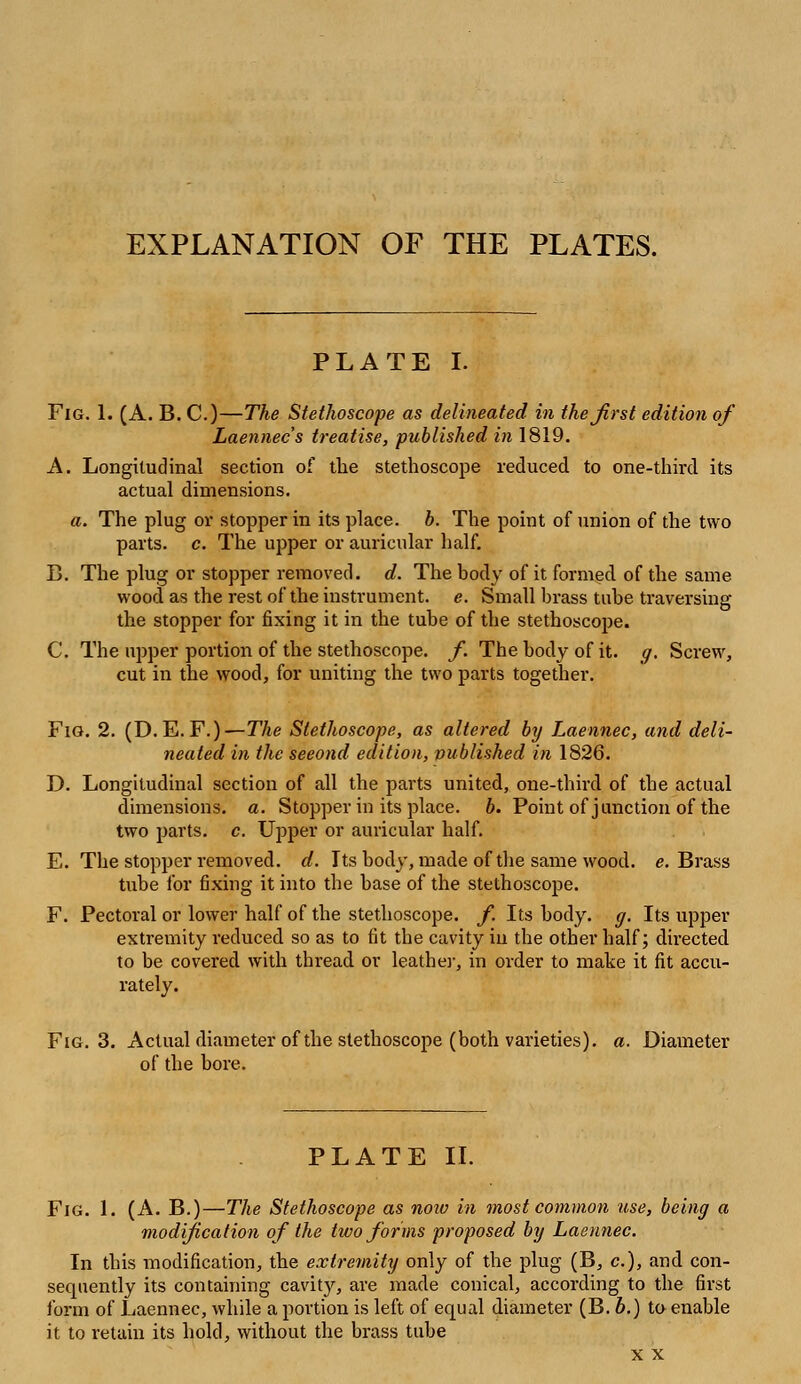 EXPLANATION OF THE PLATES. PLATE I. Fig. 1. (A. B. C.)—The Stethoscope as delineated in the first edition of Laennec's treatise, published in 1819. A. Longitudinal section of the stethoscope reduced to one-third, its actual dimensions. a. The plug or stopper in its place, b. The point of union of the two parts, c. The upper or auricular half. B. The plug or stopper removed, d. The body of it formed, of the same wood as the rest of the instrument, e. Small brass tube traversing the stopper for fixing it in the tube of the stethoscope. C. The upper portion of the stethoscope, f. The body of it. g. Screw, cut in the wood, for uniting the two parts together. Fig. 2. (D.E.F.)—The Stethoscope, as altered by Laennec, and deli- neated in the seeond edition, published in 1826. D. Longitudinal section of all the parts united, one-third of the actual dimensions, a. Stopper in its place, b. Point of junction of the two parts, c. Upper or auricular half. E. The stopper removed, d. Its body, made of the same wood. e. Brass tube for fixing it into the base of the stethoscope. F. Pectoral or lower half of the stethoscope, f. Its body. g. Its upper extremity reduced so as to fit the cavity in the other half; directed to be covered with thread or leather, in order to make it fit accu- rately. Fig. 3. Actual diameter of the stethoscope (both varieties), a. Diameter of the bore. PLATE II. Fig. I. (A. B.)—The Stethoscope as now in most common use, being a modification of the two forms proposed by Laennec. In this modification, the extremity only of the plug (B, c), and con- sequently its containing cavity, are made conical, according to the first form of Laennec, while a portion is left of equal diameter (B. b.) to enable it to retain its hold, without the brass tube x x