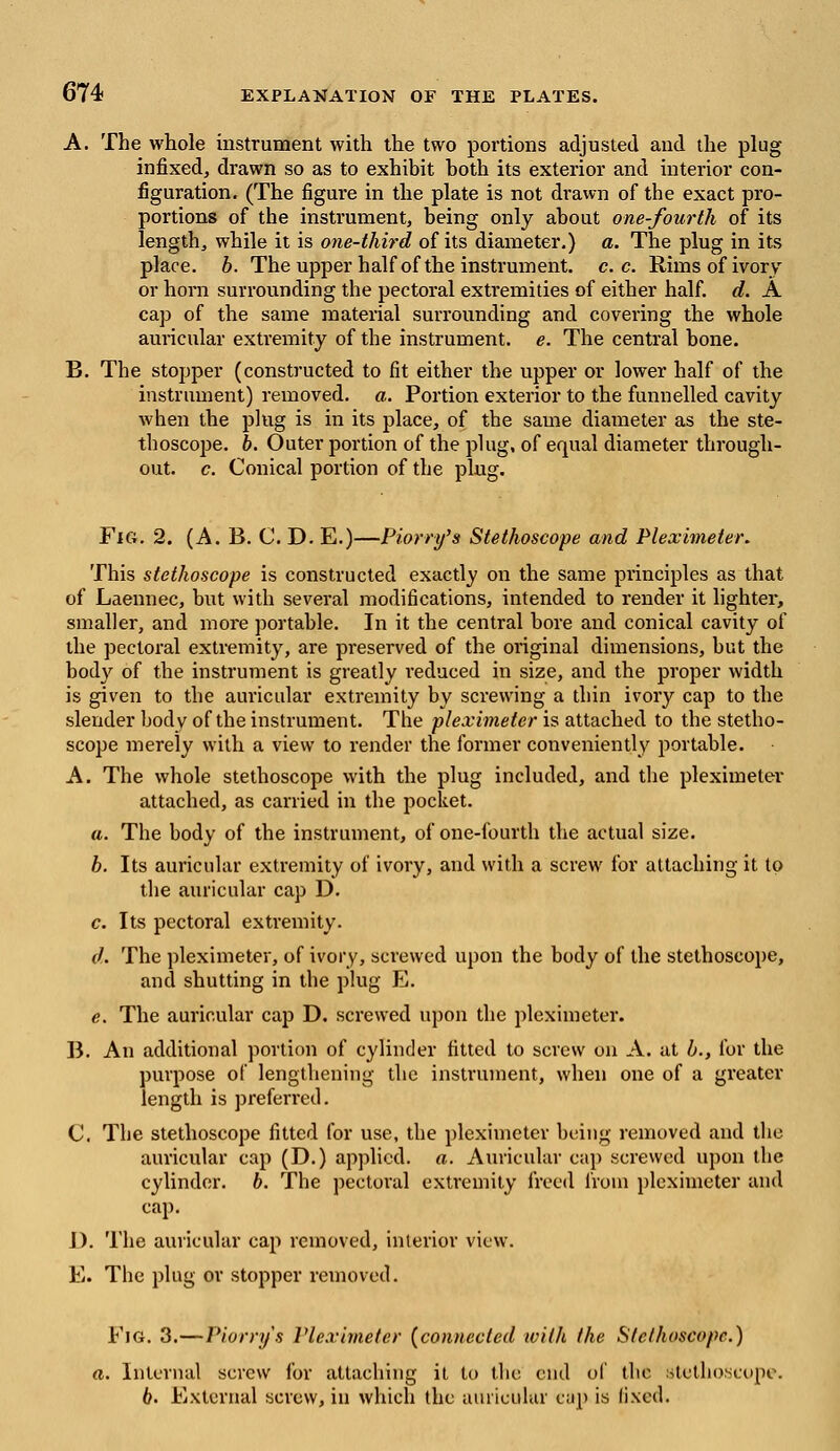 A. The whole instrument with the two portions adjusted and the plug infixed, drawn so as to exhibit both its exterior and interior con- figuration. (The figure in the plate is not drawn of the exact pro- portions of the instrument, being only about one-fourth of its length, while it is one-third of its diameter.) a. The plug in its place, b. The upper half of the instrument, c. c. Rims of ivory or horn surrounding the pectoral extremities of either half. d. A cap of the same material surrounding and covering the whole auricular extremity of the instrument, e. The central bone. B. The stopper (constructed to fit either the upper or lower half of the instrument) removed, a. Portion exterior to the funnelled cavity when the plug is in its place, of the same diameter as the ste- thoscope, b. Outer portion of the plug, of equal diameter through- out, c. Conical portion of the plug. Fig. 2. (A. B. C. D. E.)—Piorry's Stethoscope and Pleximeter. This stethoscope is constructed exactly on the same principles as that of Laennec, but with several modifications, intended to render it lighter, smaller, and more portable. In it the central bore and conical cavity of the pectoral extremity, are preserved of the original dimensions, but the body of the instrument is greatly induced in size, and the proper width is given to the auricular extremity by screwing a thin ivory cap to the slender body of the instrument. The pleximeter is attached to the stetho- scope merely with a view to render the former conveniently portable. A. The whole stethoscope with the plug included, and the pleximeter attached, as carried in the pocket. a. The body of the instrument, of one-fourth the actual size. b. Its auricular extremity of ivory, and with a screw for attaching it to the auricular cap D. c. Its pectoral extremity. d. The pleximeter, of ivory, screwed upon the body of the stethoscope, and shutting in the plug E. e. The auricular cap D. screwed upon the pleximeter. B. An additional portion of cylinder fitted to screw on A. at b., for the purpose of lengthening the instrument, when one of a greater length is preferred. C. The stethoscope fitted for use, the pleximeter being removed and the auricular cap (D.) applied, a. Auricular cap screwed upon the cylinder, b. The pectoral extremity freed from pleximeter and cap. D. The auricular cap removed, interior view. E. The plug or stopper removed. Fig. 3.—Piorry's Pleximeter (connected with the Stethoscope.) a. Internal screw for attaching it to the end of the stethoscope. 6. External screw, in which the auricular cap is fixed.