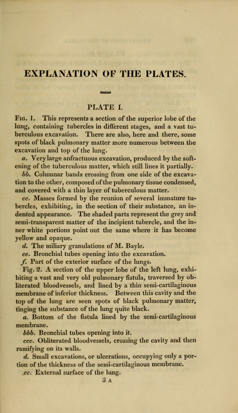 EXPLANATION OF THE PLATES. PLATE I. Fig. J. This represents a section of the superior lobe of the lung, containing tubercles in different stages, and a vast tu- berculous excavation. There are also, here and there, some spots of black pulmonary matter more numerous between the excavation and top of the lung. «. Very large anfractuous excavation, produced by the soft- ening of the tuberculous matter, which still lines it partially. bb. Columnar bands crossing from one side of the excava- tion to the other, composed of the pulmonary tissue condensed, and covered with a thin layer of tuberculous matter. cc. Masses formed by the reunion of several immature tu- bercles, exhibiting, in the section of their substance, an in- dented appearance. The shaded parts represent the grey and semi-transparent matter of the incipient tubercle, and the in- ner white portions point out the same where it has become yellow and opaque. d. The miliary granulations of M. Bayle. ee. Bronchial tubes opening into the excavation. f. Part of the exterior surface of the lungs. Fig. 2. A section of the upper lobe of the left lung, exhi- biting a vast and very old pulmonary fistula, traversed by ob- literated bloodvessels, and lined by a thin semi-cartilaginous membrane of inferior thickness. Between this cavity and the top of the lung are seen spots of black pulmonary matter, tinging the substance of the lung quite black. a. Bottom of the fistula lined by the semi-cartilaginous membrane. bbb. Bronchial tubes opening into it. ccc. Obliterated bloodvessels, crossing the cavity and then ramifying on its walls. d. Small excavations, or ulcerations, occupying only a por- tion of the thickness of the semi-cartilaginous membrane. ,ee. External surface of the lung. 3 a