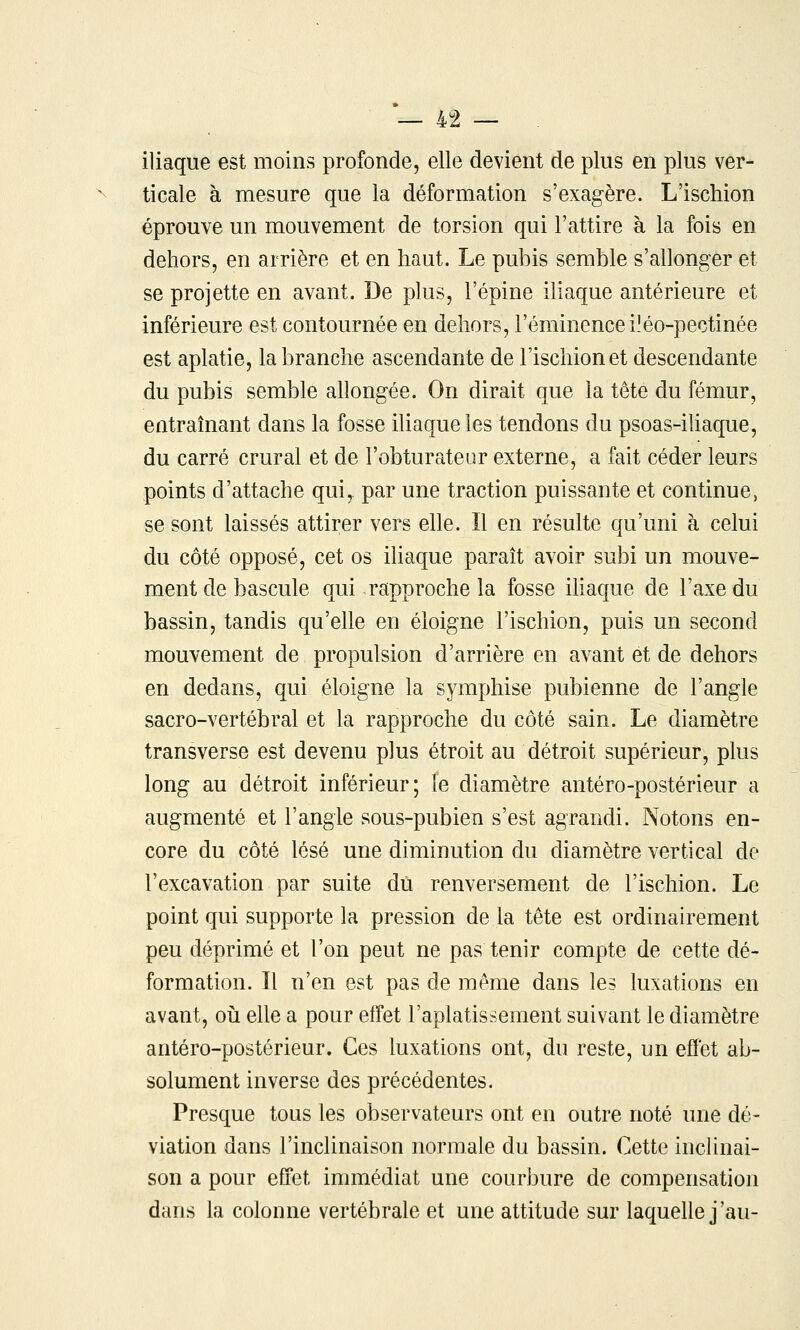 iliaque est moins profonde, elle devient de plus en plus ver- ticale à mesure que la déformation s'exagère. L'ischion éprouve un mouvement de torsion qui l'attire à la fois en dehors, en arrière et en haut. Le pubis semble s'allonger et se projette en avant. De plus, l'épine iliaque antérieure et inférieure est contournée en dehors, l'éminenceiléo-pectinée est aplatie, la branche ascendante de l'ischion et descendante du pubis semble ahongée. On dirait que la tête du fémur, entraînant dans la fosse iliaque les tendons du psoas-ihaque, du carré crural et de l'obturateur externe, a fait céder leurs points d'attache qui,, par une traction puissante et continue, se sont laissés attirer vers elle. Il en résulte qu'uni à celui du côté opposé, cet os iliaque paraît avoir subi un mouve- ment de bascule qui rapproche la fosse iHaque de l'axe du bassin, tandis qu'elle en éloigne l'ischion, puis un second mouvement de propulsion d'arrière en avant et de dehors en dedans, qui éloigne la symphise pubienne de l'angle sacro-vertébral et la rapproche du côté sain. Le diamètre transverse est devenu plus étroit au détroit supérieur, plus long au détroit inférieur; le diamètre antéro-postérieur a augmenté et l'angle sous-pubien s'est agrandi. Notons en- core du côté lésé une diminution du diamètre vertical de l'excavation par suite du renversement de l'ischion. Le point qui supporte la pression de la tête est ordinairement peu déprimé et l'on peut ne pas tenir compte de cette dé- formation. Il n'en est pas de même dans les luxations en avant, oii elle a pour effet l'aplatissement suivant le diamètre antéro-postérieur. Ces luxations ont, du reste, un effet ab- solument inverse des précédentes. Presque tous les observateurs ont en outre noté une dé- viation dans l'inclinaison normale du bassin. Cette inclinai- son a pour effet immédiat une courbure de compensation dans la colonne vertébrale et une attitude sur laquelle j'au-