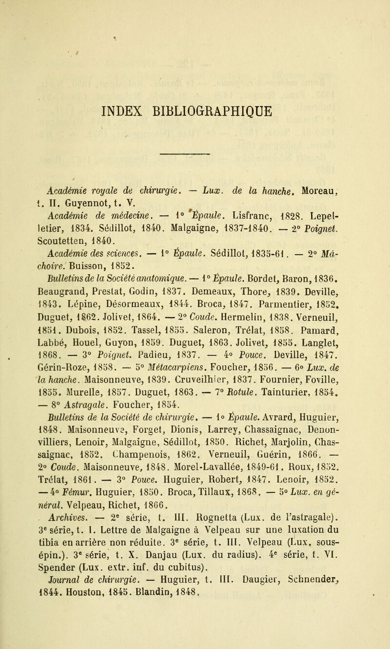 INDEX BIBLIOGRAPHIQUE Académie royale de chirurgie. — Lux. de la hanche» Moreau, t. II. Guyennot, t. V. Académie de médecine. — !<> 'Épaule. Lisfranc, 1828. Lepel- letier, 1834. Sédillot, 1840. Malgaigne, 1837-1840. —'l'^ Poignet. Scoutetten, 1840. Académie des sciences. — 1» Épaule. Sédillot, 1835-61, — 2° Mâ- choire. Buisson, 1852. Bulletinsde la Sociétéanatomique. — {^Épaule. Bordet^ Baron, 1836. Beaugrand, Prestat, Godin, 1837. Demeaux, Thore^ 1839. Deville, J843. Lépine, Désormeaux, 1844. Broca^ 1847. Parmentier^ 1852, Duguet, 1862. Jolivet, 1864. -- 2° Coude. Hermelin, 1838. Verneuil, 1851. Dubois, 1852. Tassel, 1855. Saleron, Trélat, 1858. Pamard, Labbé, Houel, Guyon, 1859. Duguel, 1863. Jolivet, 1855. Langlet, 1868. — 3» Poignet. Padieu, 1837. — 4o Pouce. Deville, 1847. Gérin-Roze, 1858. — 5° Métacarpiens, Foucher, 1856. — 6° Lux. de lahanche. Maisonneuve, 1839. Cruveilhier, 1837. Fournier, Foville, 1855. Murelle, 1857. Duguet, 1863. — 1 Rotule. Tainturier, 1854, — 8° Astragale. Foucher, 1854. Bulletins de la Société de chirurgie, — 1° Épaule. Avrard, Huguier, 1848. Maisonneuva, Forget, Dionis, Larrey, Chassaignac, Denon- villiers, Lenoir, Malgaigne, Sédillot, 1850. Richet, Marjolin, Chas- saignac, 1852. Champenois, 1862. Verneuil, Guérin, 1866. — 2° Coude. Maisonneuve, 1848. Morel-Lavallée, 1849-61. Roux, 1852. Trélat, 1861. — 3« Pouce. Huguier, Robert, 1847. Lenoir, 1852. — ^'^ Fémur. Huguier, 1850. Broca, Tillaux, 1868. — ^'^Lux. en gé- néral. Velpeau, Richet, 1866. Archives. — 2^ série, t. III. Rognetta (Lux. de l'astragale). 3^ série, t. 1. Lettre de Malgaigne à Velpeau sur une luxation du tibia en arrière non réduite. 3^ série, t. III. Velpeau (Lux. sous- épin.). 3''série, t. X. Danjau (Lux. du radius). ¥ série, t. VI. Spender (Lux. extr. inf. du cubitus). Journal de chirurgie. — Huguier, t. III. Daugier, Schnender^ 1844. Houston, 1845. Blandin, 1848,