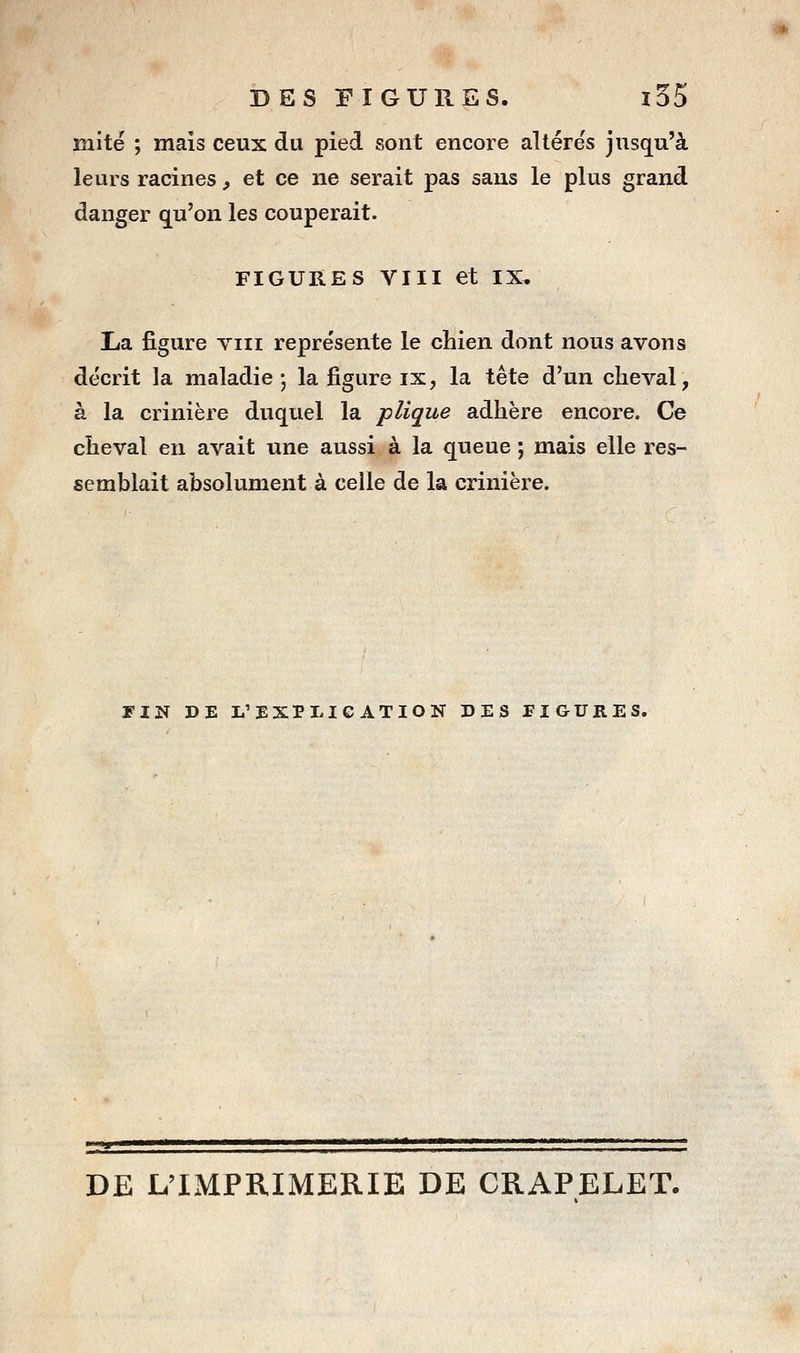 DES FIGURES. lo5 mité ; mais ceux du pied sont encore altérés jusqu'à leurs racines, et ce ne serait pas saus le plus grand danger qu'on les couperait. FIGURES VIII et IX, lia figure viii représente le chien dont nous avons décrit la maladie 5 la figure ix, la tête d'un cheval, à la crinière duquel la plique adhère encore. Ce cheval en avait une aussi à la queue ; mais elle res- semblait absolument à celle de la crinière. FIN DE L'EXPLICATION DES FIGURES. DE L'IMPRIMERIE DE CRAPELET.