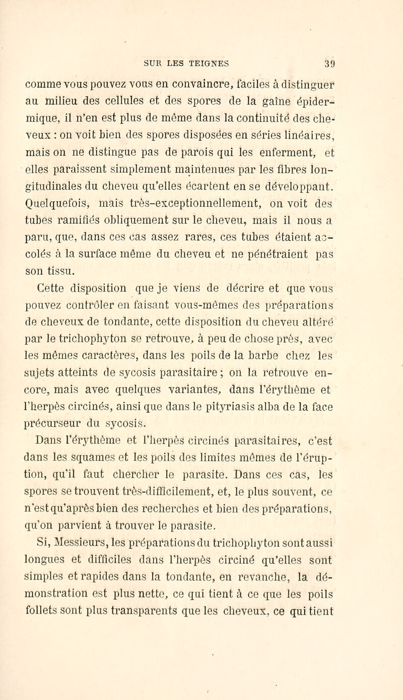 comme vous pouvez vous en convaincre, faciles à distinguer au milieu des cellules et des spores de la gaîne épider- mique, il n'en est plus de même dans la continuité des che- veux : on voit bien des spores disposées en séries linéaires, mais on ne distingue pas de parois qai les enferment, et elles paraissent simplement maintenues par les fibres lon- gitudinales du cheveu qu'elles écartent en se développant. Quelquefois, mais très-exceptionnellement, on voit des tubes ramifiés obliquement sur le cheveu, mais il nous a paru, que, dans ces cas assez rares, ces tubes étaient ac- colés à la surface même du cheveu et ne pénétraient pas son tissu. Cette disposition que je viens de décrire et que vous pouvez contrôler en faisant vous-mêmes des préparations de cheveux de tondante, cette disposition du cheveu altéré par le trichophyton se retrouve, à peu de chose près, avec les mômes caractères, dans les poils de la barbe chez les sujets atteints de sycosis parasitaire ; on la retrouve en- core, mais avec quelques variantes, dans l'érythème et l'herpès circinés, ainsi que dans le pityriasis alba de la face précurseur du sycosis. Dans l'érythème et l'herpès circinés parasitaires, c'est dans les squames et les poils des limites mômes de l'érup- tion, qu'il faut chercher le parasite. Dans ces cas, les spores se trouvent très-diâ3cilement, et, le plus souvent, ce n'est qu'après bien des recherches et bien des préparations, qu'on parvient à trouver le parasite. Si, Messieurs, les préparations du trichophyton sont aussi longues et difficiles dans l'herpès circiné qu'elles sont simples et rapides dans la tondante, en revanche, la dé- monstration est plus nette, ce qui tient à ce que les poils follets sont plus transparents que les cheveux, ce qui tient