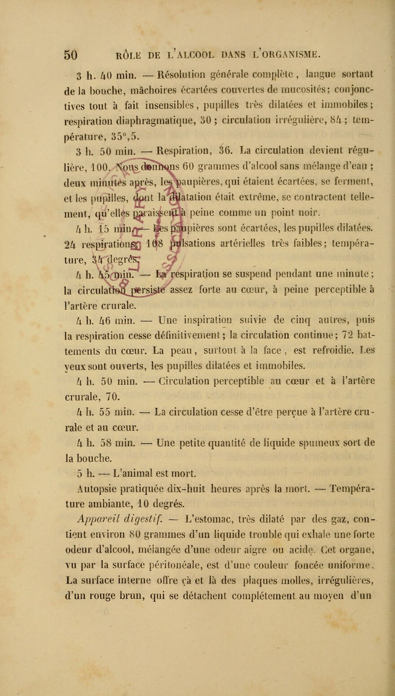 3 h. Ui) min. —Résolution générale complète , langue sortant delà bouche, mâchoires écartées couvertes de mucosités; conjonc- tives tout à fait insensibles, pupilles tiès dilatées et immobiles; respiration diaphragmatique, 30 ; circulation irrégulière, 8/i ; tem- pérature, 3 5% 5. 3 h. 50 min. — Respiration, 36. La circulation devient régu- lière, 100. NousdïnÏHms 60 grammes d'alcool sans mélange d'eau ; deux minutés aorès, l^^aupières, qui étaient écartées, se ferment, et les pupilles, àwit la^atalion était extrême, se contractent telle- ment, qu'elles jw-ai^e^ peine comme un point noir. U h. 15 ntîn/^ isjâipières sont écartées, les pupilles dilatées. 2k respirationgj 16[8 Msations artérielles très faibles; tempéra- ture, 3Z; clegr(?5r ^^ U h. ^5(^iin. — i^'-espiraî^ion se suspend pendant une minute ; la circulatt«8j«rsj^Èc assez forte au cœur, à peine perceptible à l'artère crurale. U h. ^6 min. — Une iiispiration suivie de cinq autres, puis la respiration cesse définitivement ; la circulation continue; 72 bat- tements du cœur. La peau, surtout à la face , est refroidie. Les yeux sont ouverts, les pupilles dilatées et immobiles. Uh. 50 min. — Circulation perceptible au cœur et à l'artère crurale, 70. U h. 55 min. — La circulation cesse d'être perçue à l'artère cru- rale et au cœur. U h. 58 min. — Une petite quantité de hquide spuineux sort de la bouche. 5 h. — L'animal est mort. Autopsie pratiquée dix-huit heures après la mort. — Tempéra- ture ambiante, 10 degrés. Appareil digestif. — L'estomac, très dilaté par des gaz, con- tient environ 80 grammes d'un liquide trouble qui exhale une forte odeur d'alcool, mélangée d'une odeur aigre ou acide. Cet organe, vu par la surface péritonéale, est d'une couleur foncée uniforme. La surface interne offre çà et là des plaques molles, irrégulières, d'un rouge brun, qui se détachent complètement au moyen d'un