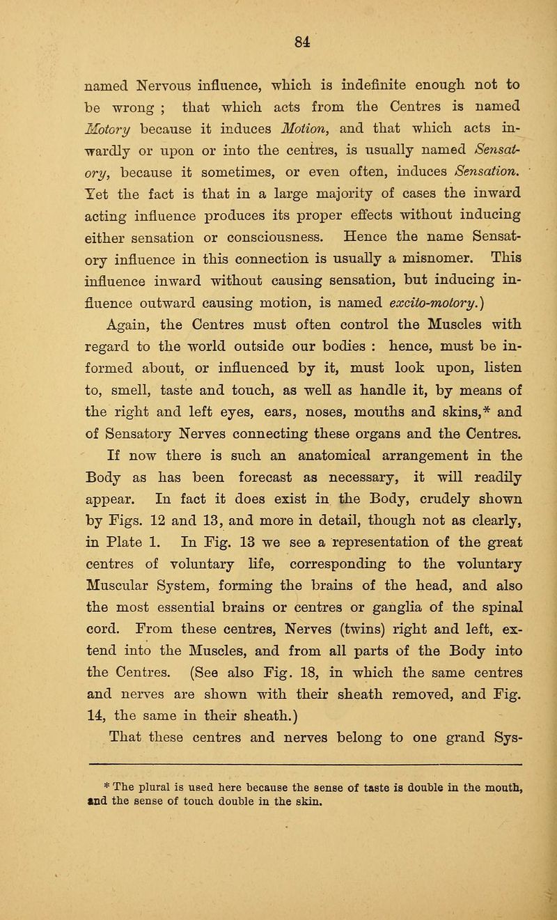 named Nervous influence, which is indefinite enough not to be wrong ; that which acts from the Centres is named Motory because it induces Motion, and that which acts in- wardly or upon or into the centres, is usually named Sensai- ory, because it sometimes, or even often, induces Sensation. Yet the fact is that in a large majority of cases the inward acting influence produces its proper effects without inducing either sensation or consciousness. Hence the name Sensat- ory influence in this connection is usually a misnomer. This influence inward without causing sensation, but inducing in- fluence outward causing motion, is named exciio-molory.) Again, the Centres must often control the Muscles with regard to the world outside our bodies : hence, must be in- formed about, or influenced by it, must look upon, listen to, smell, taste and touch, as well as handle it, by means of the right and left eyes, ears, noses, mouths and skins,* and of Sensatory Nerves connecting these organs and the Centres. If now there is such an anatomical arrangement in the Body as has been forecast as necessary, it will readily appear. In fact it does exist in the Body, crudely shown by Figs. 12 and 13, and more in detail, though not as clearly, in Plate 1. In Fig. 13 we see a representation of the great centres of voluntary life, corresponding to the voluntary Muscular System, forming the brains of the head, and also the most essential brains or centres or ganglia of the spinal cord. From these centres, Nerves (twins) right and left, ex- tend into the Muscles, and from all parts of the Body into the Centres. (See also Fig. 18, in which the same centres and nerves are shown with their sheath removed, and Fig. 14 the same in their sheath.) That these centres and nerves belong to one grand Sys- * The plural is used here because the sense of taste is double in the mouth, and the sense of touch double in the skin.