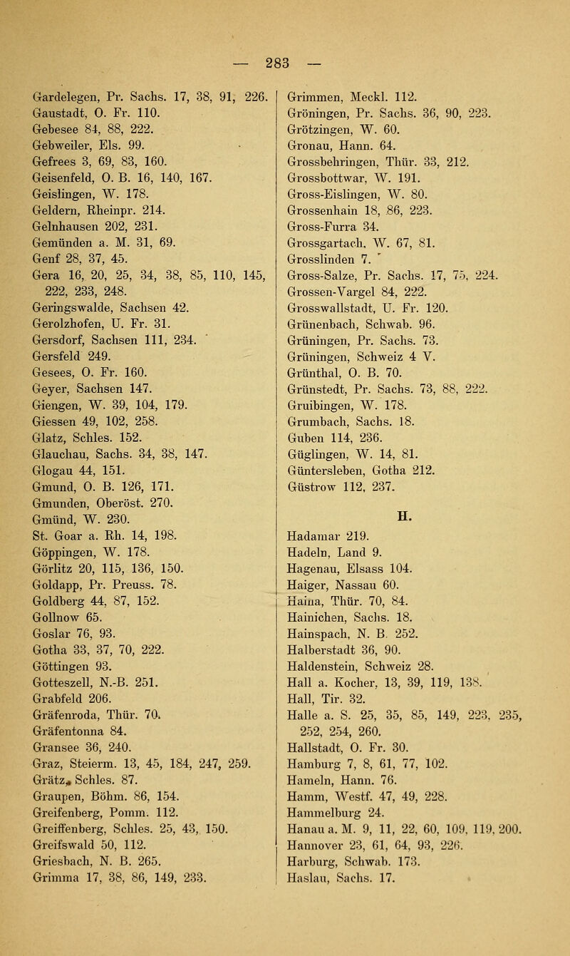 Gardelegen, Pr. Sachs. 17, 38, 91, 226. Gaustadt, 0. Fr. 110. Gebesee 84, 88, 222. Gebweiler, Eis. 99. Gefrees 3, 69, 83, 160. Geisenfeld, 0. B. 16, 140, 167. Geislingen, W. 178. Geldern, Rheinpr. 214. Gelnhausen 202, 231. Gemünden a. M. 31, 69. Genf 28, 37, 45. Gera 16, 20, 25, 34, 38, 85, 110, 145, 222, 233, 248. Geringswalde, Sachsen 42. Gerolzhofen, U. Fr. 31. Gersdorf, Sachsen 111, 234. ' Gersfeld 249. Gesees, 0. Fr. 160. Geyer, Sachsen 147. Giengen, W. 39, 104, 179. Giessen 49, 102, 258. Glatz, Schles. 152. Glauchau, Sachs. 34, 38, 147. Glogau 44, 151. Gmünd, 0. B. 126, 171. Gmunden, Oberöst. 270. Gmünd, W. 230. St. Goar a. Rh. 14, 198. Göppingen, W. 178. Görlitz 20, 115, 136, 150. Goldapp, Pr. Preuss. 78. Goldberg 44, 87, 152. GoUnow 65. Goslar 76, 93. Gotha 33, 37, 70, 222. Göttingen 93. Gotteszell, N.-B. 251. Grabfeld 206. Gräfenroda, Thür. 70. Gräfentonna 84. Gransee 36, 240. Graz, Steierm. 13, 45, 184, 247, 259. Grätz,, Schles. 87. Graupen, Böhm. 86, 154. Greifenberg, Pomm. 112. GreifFenberg, Schles. 25, 43, 150. Greifswald 50, 112. Griesbach, N. B. 265. Grimma 17, 38, 86, 149, 233. Grimmen, Meckl. 112. Groningen, Pr. Sachs. 36, 90, 223. Grötzingen, W. 60. Gronau, Hann. 64. Grossbehringen, Thür. 33, 212. Grossbottwar, W. 191. Gross-Eislingen, W. 80. Grossenhain 18, .86, 223. Gross-Furra 34. Grossgartach. W. 67, 81. Grosslinden 7. Gross-Salze, Pr. Sachs. 17, 75, 224. Grossen-Vargel 84, 222. Grosswallstadt, U. Fr. 120. Grünenbach, Schwab. 96. Grüningen, Pr. Sachs. 73. Grüningen, Schweiz 4 V. Grünthal, 0. B. 70. Grünstedt, Pr. Sachs. 73, 88, 222. Gruibingen, W. 178. Grumbach, Sachs. 18. Guben 114, 236. Güglmgen, W. 14, 81. Güntersleben, Gotha 212. Güstrow 112. 237. H. Hadamar 219. Hadeln, Land 9. Hagenau, Elsass 104. Haiger, Nassau 60. Haiua, Thür. 70, 84. Hainichen, Sachs. 18. Hainspach, N. B. 252. Halberstadt 36, 90. Haldenstein, Schweiz 28. Hall a. Kocher, 13, 39, 119, 138. ' Hall, Tir. 32. Halle a. S. 25, 35, 85, 149, 223. 235, 252, 254, 260. Hallstadt, 0. Fr. 30. Hamburg 7, 8, 61, 77, 102. Hameln, Hann. 76. Hamm, Westf. 47, 49, 228. Hammelburg 24. Hanau a.M. 9, 11, 22, 60, 109. 119,200. Hannover 23, 61, 64, 93, 226. Harburg, Schwab. 173. Haslau, Sachs. 17. «