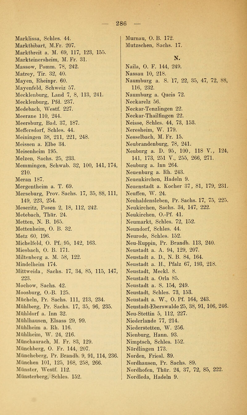 Marklissa, Schles. 44. Marktbibart, M.Fr. 207. Marktbreit a. M. 69, 117, 123, 155. Markteinersheim, M. Fr. 31. Massow, Pomm. 78, 242. Matrey, Tir. 32, 40. Mayen, Rheinpr. 60. Mayenfeld, Schweiz 57. Mecklenburg, Land 7, 8, 113, 241. Mecklenburg, Pfd. 237. Medebach, Westf. 227. Meerane 110, 244. Meersburg, Bad. 37, 187. MefFersdorf, Schles. 44. Meiningen 38, 211, 221, 248. Meissen a. Elbe 34. Meisenheini 195. Melzen, Sachs. 25, 233. Memmingen, Schwab. 32, 100, 141, 174, 210. Meran 187. Mergentheim a. T. 69. Merseburg, Prov. Sachs. 17, 35, 88, 111, 149, 223, 254. Meseritz, Posen 2, 18, 112, 242. Metebach, Thür. 24. Metten, N. B. 165. Mettenheim, 0. B. 32. Metz 60, 196. Michelfeld, 0. Pf. 95, 142, 163. Miesbach, 0. B. 171. Miltenberg a. M. 58, 122. Mindelheim 174. Mittweida, Sachs. 17, 34, 85, 115, 147, 223. Mochow, Sachs. 42. Moosburg, O.-B. 125. Mücheln, Pr. Sachs. 111, 213, 234. Mühlberg, Pr. Sachs. 17, 35, 96, 235. Mühldorf a. Inn 32. Mühlhausen, Elsass 29, 99. Mühlheim a. Rh. 116. Mühlheim, W. 24, 216. Münchaurach, M. Fr. 83, 129. Münchberg, 0. Fr. 144, 207. Müncheberg, Pr. ßrandb. 9, 91, 114, 236. München 101, 125, 168, 258, 266. Münster, Westf. 112. Münsterberg, Schles. 152. Murnau, 0. B. 172. Mutzschen, Sachs. 17. N. Naila, 0. F. 144, 249. Nassau 10, 218. Naumburg a. S. 17, 22, 35, 47, 72, 88, 116, 232. Naumburg a. Queis 72. Neckarelz 56. Neckar-Tenzlingen 22. Neckar-Thailfingen 22. Neisse, Schles. 44, 73, 153. Neresheim, W. 179. Nesselbach, M. Fr. 15. Neubrandenburg, 78, 241. Neuburg a. D. 95, 100, 118 V., 124, 141, 173, 251 V., 255, 266, 271. Neuburg a. Inn 264. Neuenburg a. Rh. 243. Neuenkirchen, Hadeln 9. Neuenstadt a. Kocher 37, 81, 179, 231. Neuffen, W. 24. Neuhaldensleben, Pr. Sachs. 17, 75, 225. Neukirchen, Sachs. 34, 147, 222. Neukirchen, O.-Pf. 41. Neumarkt, Schles. 72, 152. Neundorf, Schles. 44. Neurode, Schles. 152. Neu-Ruppin, Pr. Brandb. 113, 240. Neustadt a. A. 94, 129, 207. Neustadt a. D., N. B. 84, 164. Neustadt a. H., Pfalz 67, 193, 218. Neustadt, Meckl. 8. Neustadt a. Orla 85. Neustadt a. S. 154, 249. Neustadt, Schles. 73, 153. Neustadt a. W., 0. Pf. 164, 243. Neustadt-Eberswalde 25, 38, 91, 106, 246. Neu-Stettin 5, 112, 227. Niederlande 77, 214. Niederstetten, W. 256. Nienburg, Hann. 93. Nimptsch, Schles. 152. Nördlingen 173. Norden, Friesl. 39. Nordhausen, Pr. Sachs. 89. Nordhofen, Thür. 24, 37, 72, 85, 222. Nordleda, Hadeln 9.