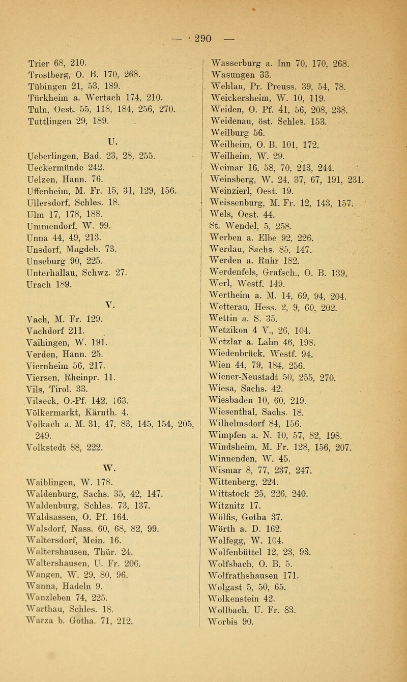 — -290 — Trier 68, 210. Trostberg, 0. B. 170, 268. Tübingen 21, 53, 189. Türkheim a. Wertach 174, 210. Tuln, Oest. 55, 118, 184, 256, 270. Tuttlingen 29, 189. U. Ueberlingen, Bad. 23, 28, 255. Ueckermünde 242. Uelzen, Hann. 76. Uffenheim, M. Fr. 15, 31, 129, 156. Ullersdorf, Schles. 18. Ulm 17, 178, 188. Ummendorf, W. 99. Unna 44, 49, 213. Unsdorf, Magdeb. 73. Unseburg 90, 225. Unterhallau, Schwz. 27. Urach 189. Vach, M. Fr. 129. Vachdorf 211. Vaihingen, W. 191. Verden, Hann. 25. Viernheim 56, 217. Viersen, Rheinpr. 11. Vils, Tirol. 33. Vilseck, O.-Pf. 142, 163. Völkermarkt, Kärnth. 4. Volkach a. M. 31, 47, 83, 145, 154, 205, 249. Volkstedt 88, 222. W. Waiblingen, W. 178. Waidenburg, Sachs. 35, 42, 147. Waidenburg, Schles. 73, 137. Waldsassen, 0. Pf. 164. Walsdorf, Nass. 60, 68, 82, 99. Waltersdorf, Mein. 16. Waltershausen, Thür. 24. Walter.shausen, U. Fr. 206. Wangen, W. 29, 80, 96. Wanna, Hadeln 9. Wanzleben 74, 225. Warthau, Schles. 18. Warza b. Gotha. 71, 212. 1 Wasserburg a. Inn 70, 170, 268. I Wasungen 33. Wehlau, Pr. Preuss. 39, 54, 78. Weickersheim, W. 10, 119. Weiden, 0. Pf. 41, 56, 208, 238. Weidenau, öst. Schleö. 153. Weilburg 56. Weilheim, 0. B. 101, 172. Weilheim, W. 29. Weimar 16, 58, 70, 213, 244. Weinsberg, W. 24, 37, 67, 191, 231. Weinzierl, Oest. 19. Weissenburg, M. Fr. 12, 143, 157. Wels, Oest. 44. St. Wendel, 5, 258. Werben a. Elbe 92, 226. Werdau, Sachs. 85, 147. Werden a. Ruhr 182. Werdenfels, Grafsch., 0. B. 139. Werl, Westf. 149. Wertheim a. M. 14, 69, 94, 204. Wetterau, Hess. 2, 9, 60, 202. Wettin a. S. 35. Wetzikon 4 V., 26, 104. Wetzlar a. Lahn 46, 198. Wiedenbrück. Westf. 94. Wien 44, 79, 184, 256. Wiener-Neustadt 50, 255, 270. Wiesa, Sachs. 42. Wiesbaden 10, 60, 219. Wiesenthal, Sachs. 18. Wilhelmsdorf 84, 156. Wimpfen a. N. 10, 57, 82, 198. Windsheim, M. Fr. 128, 156, 207. Winnenden, W. 45. Wismar 8, 77, 237, 247. Wittenberg, 224. Wittstock 25, 226, 240. Witznitz 17. Wölfis, Gotha 37. Wörth a. D. 162. Wolfegg, W. 104. Wolfenbüttel 12, 23, 93. Wolfsbach, 0. B. 5. Wolfrathshausen 171. Wolgast 5, 50, 65. Wolkenstein 42. Wollbach, U. Fr. 83. Worbis 90.