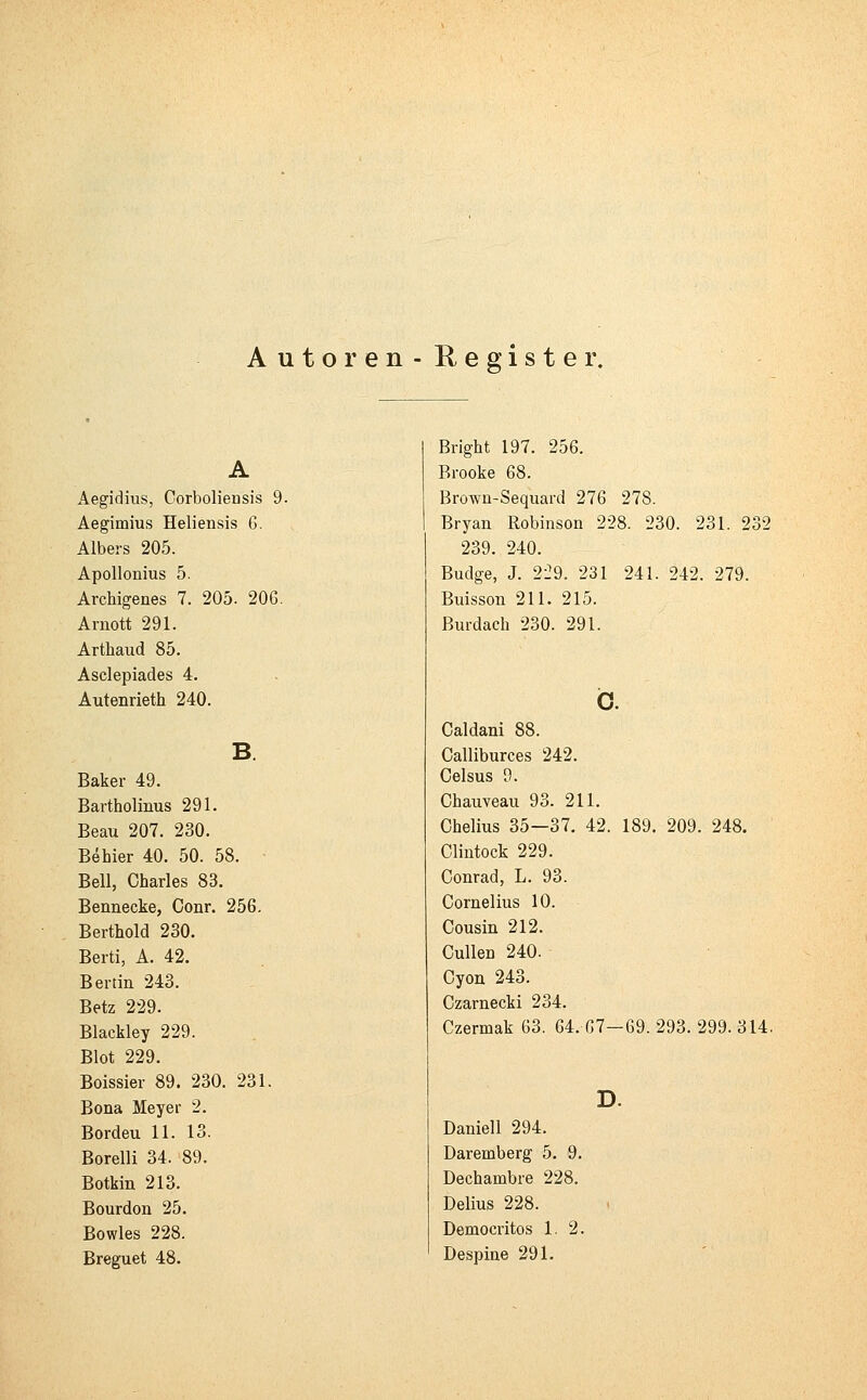 Autoren- Register. Aegidius, Corboliensis 9. Aegimius Heliensis 6. Albers 205. Apollonius 5. Archigenes 7. 205. 206. Arnott 291. Arthaud 85. Asclepiades 4. Autenrieth 240. Baker 49. Bartholinus 291. Beau 207. 230. Bebier 40. 50. 58. Bell, Charles 83. Bennecke, Conr. 256. Berthold 230. Berti, A. 42. Bertin 243. Betz 229. Blackley 229. Blot 229. Boissier 89. 230. 231. Bona Meyer 2. Bordeu 11. 13. Borelli 34. 89. Botkin 213. Bourdon 25. Bowles 228. Breguet 48. Bright 197. 256. Brooke 68. Brown-Sequard 276 278. Bryan Robinson 228. 230. 231. 232 239. 240. Budge, J. 229. 231 241. 242. 279. Buisson 211. 215. Burdach 230. 291. c. Caldani 88. Calliburces 242. Celsus 9. Chauveau 93. 211. Chelius 35—37. 42. 189. 209. 248. Clintock 229. Conrad, L. 93. Cornelius 10. Cousin 212. Cullen 240. Cyon 243. Czarnecki 234. Czermak 63. 64. 67—69. 293. 299. 314. D. Daniell 294. Daremberg 5. 9. Dechambre 228. Delius 228. Democritos 1. 2. Despine 291.