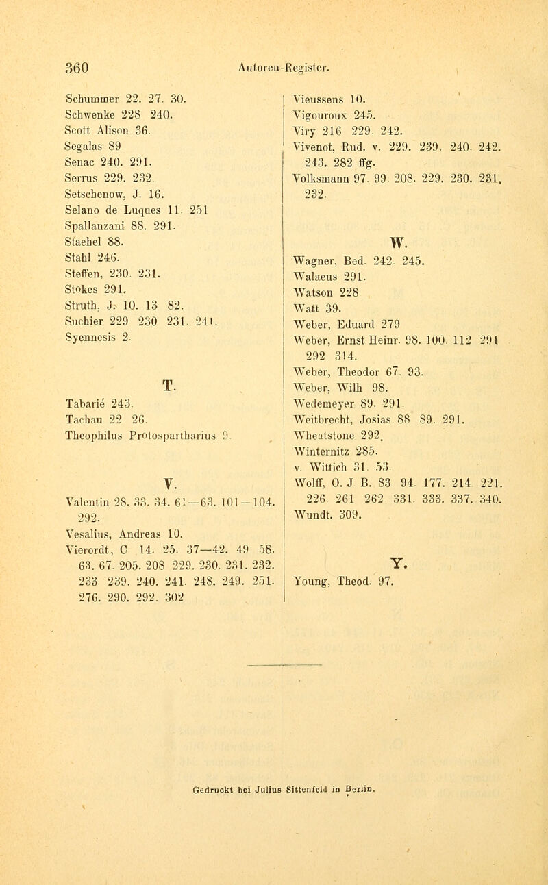 Schummer 22. 27. 30. Schwenke 228 240. Scott Alison 36. Segalas 89 Senac 240. 291. Serrus 229. 232. Setschenow, J. 16. Selano de Luques 11. 251 Spallanzani 88. 291. St'aehel 88. Stahl 246. Steffen, 230. 231. Stokes 291. Struth, J. 10. 13 82. Suchier 229 230 231. 241 Syennesis 2. T. Tabarie 243. Tachau 22 26. Theophilus Protospartbarius 9. Valentin 28. 33. 34. 61 —63. 101-104. 292. Vesalius, Andreas 10. Vierordt, C 14. 25. 37—42. 49 58. 63. 67. 205. 208 229. 230. 231. 232. 233 239. 240. 241. 248. 249. 251. 276. 290. 292. 302 Vieussens 10. Vigouroux 245. Viry 216 229. 242. Vivenot, Rud. v. 229. 239. 240. 242. 243. 282 ffg. Volksmann 97. 99. 208. 229. 230. 231. 232. w. Wagner, Bed. 242. 245. Walaeus 291. Watson 228 Watt 39. Weber, Eduard 279 Weber, Ernst Heinr. 98. 100. 112 291 292 314. Weber, Theodor 67. 93. Weber, Wilh 98. Wedemeyer 89. 291. Weitbrecht, Josias 88 89. 291. Wheatstone 292. Winternitz 285. v. Wittich 31. 53. Wolff, O. J B. 83 94. 177. 214 221. 226. 261 262 331. 333. 337. 340. Wundt. 309. Y. Young, Theod. 97. Gedruckt bei Julius SittenfelJ in Berlin.