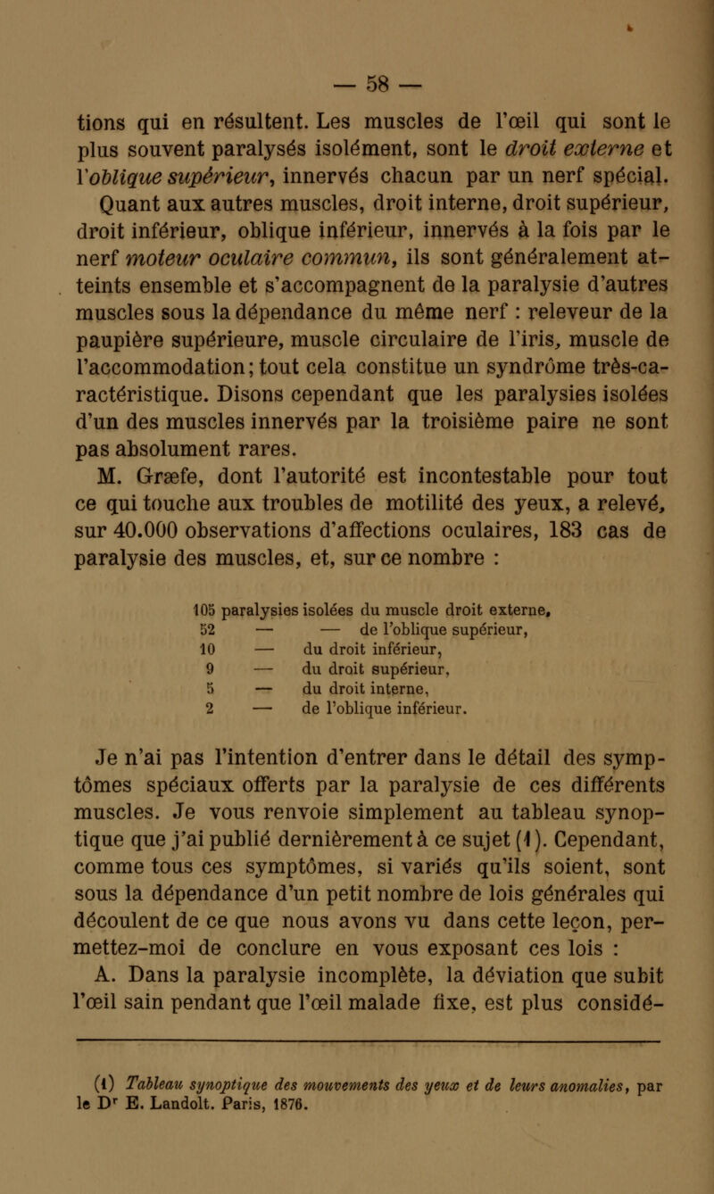 tions qui en résultent. Les muscles de l'œil qui sont le plus souvent paralysés isolément, sont le droit externe et Y oblique supérieur, innervés chacun par un nerf spécial. Quant aux autres muscles, droit interne, droit supérieur, droit inférieur, oblique inférieur, innervés à la fois par le nerf moteur oculaire commun, ils sont généralement at- teints ensemble et s'accompagnent de la paralysie d'autres muscles sous la dépendance du même nerf : releveur de la paupière supérieure, muscle circulaire de l'iris, muscle de l'accommodation; tout cela constitue un syndrome très-ca- ractéristique. Disons cependant que les paralysies isolées d'un des muscles innervés par la troisième paire ne sont pas absolument rares. M. Graefe, dont l'autorité est incontestable pour tout ce qui touche aux troubles de motilité des yeux, a relevé, sur 40.000 observations d'affections oculaires, 183 cas de paralysie des muscles, et, sur ce nombre : 105 paralysies isolées du muscle droit externe, 52 — — de l'oblique supérieur, 10 — du droit inférieur, 9 — du droit supérieur, 5 — du droit interne, 2 — de l'oblique inférieur. Je n'ai pas l'intention d'entrer dans le détail des symp- tômes spéciaux offerts par la paralysie de ces différents muscles. Je vous renvoie simplement au tableau synop- tique que j'ai publié dernièrement à ce sujet (1 ). Cependant, comme tous ces symptômes, si variés qu'ils soient, sont sous la dépendance d'un petit nombre de lois générales qui découlent de ce que nous avons vu dans cette leçon, per- mettez-moi de conclure en vous exposant ces lois : A. Dans la paralysie incomplète, la déviation que subit l'œil sain pendant que l'œil malade fixe, est plus considé- (i) Tableau synoptique des mouvements des yeux et de leurs anomalies, par le Dr E. Landolt. Paris, 1876.