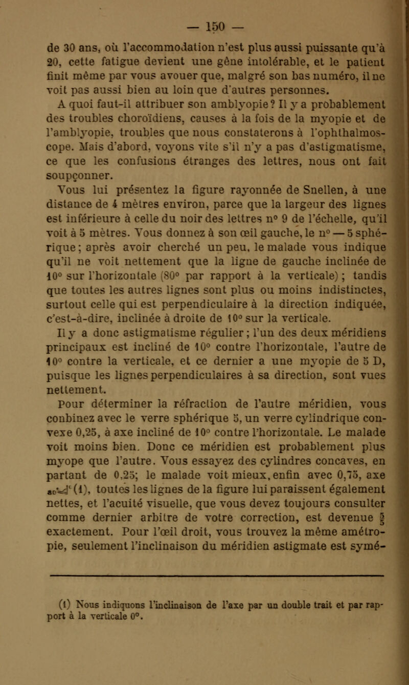 de 30 ans, où l'accommodation n'est plus aussi puissante qu'à I '. cette fatigue devient une gène intolérable, et le patient finit même par vous avouer que, malgré son bas numéro, il ne voit pas aussi bien au loin que d'autres personnes. A quoi faut-il attribuer son amblyopie? Il va probablement des troubles choroïdiens, causes à la fois de la myopie et de l'amblyopie, troubles que nous constaterons à l'opbtbalmos- cope. Mais d'abord, voyons vite s'il n'y a pas d'astigmatisme, ce que les confusions étranges des lettres, nous ont fait soupçonner. Vous lui présentez la figure rayonnée de Snellen, à une distance de i mètres environ, parce que la largeur des lignes est inférieure à celle du noir des lettres n° 9 de l'échelle, qu'il voit à 5 mètres. Vous donnez à son œil gauche, le n° — 5 sphé- rique ; après avoir cherché un peu, le malade vous indique qu'il ne voit nettement que la ligne de gauche inclinée de 10° sur l'horizontale (80° par rapport à la verticale) ; tandis que toutes les autres lignes sont plus ou moins indistinctes, surtout celle qui est perpendiculaire à la direction indiquée, c'est-à-dire, inclinée à droite de 10° sur la verticale. Il y a donc astigmatisme régulier; l'un des deux méridiens principaux est incliné de 10° contre l'horizontale, l'autre de 1u contre la verticale, et ce dernier a une myopie de 5 D, puisque les lignes perpendiculaires à sa direction, sont vues nettement. Pour déterminer la réfraction de l'autre méridien, vous conbinez avec le verre sphérique o, un verre cylindrique con- vexe 0/25, à axe incliné de 10° contre Thorizontale. Le malade voit moins bien. Donc ce méridien est probablement plus myope que l'autre. Vous essayez des cylindres concaves, en partant de 0.25; le malade voit mieux, enfin avec 0,75, axe . toutes les lignes de la figure lui paraissent également nettes, et l'acuité visuelle, que vous devez toujours consulter comme dernier arbitre de votre correction, est devenue | exactement. Pour l'œil droit, vous trouvez la même amétro- pie, seulement l'inclinaison du méridien astigmate est symé- (l) Nous indiquons l'inclinaison de l'axe par un double trait et par rap- port à la verticale 0°.