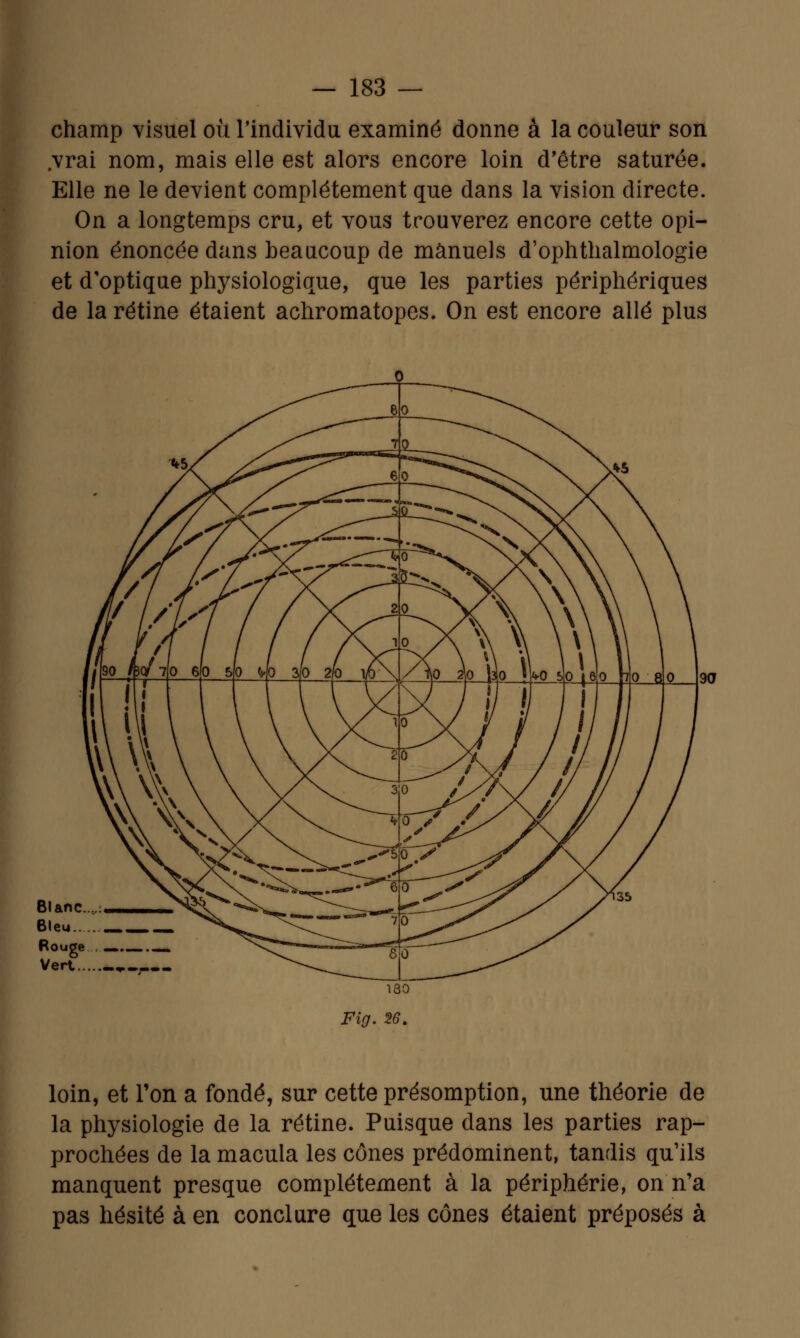 champ visuel où l'individu examiné donne à la couleur son .vrai nom, mais elle est alors encore loin d'être saturée. Elle ne le devient complètement que dans la vision directe. On a longtemps cru, et vous trouverez encore cette opi- nion énoncée dans beaucoup de manuels d'ophthalmologie et d'optique physiologique, que les parties périphériques de la rétine étaient achromatopes. On est encore allé plus loin, et l'on a fondé, sur cette présomption, une théorie de la physiologie de la rétine. Puisque dans les parties rap- prochées de la macula les cônes prédominent, tandis qu'ils manquent presque complètement à la périphérie, on n'a pas hésité à en conclure que les cônes étaient préposés à