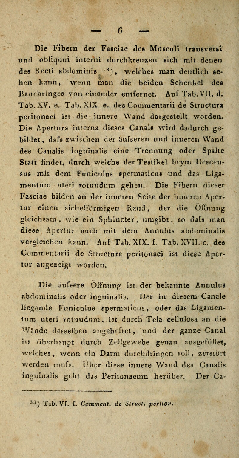 Die Fibern der Faeciae des Musculi transversi und obliqnui interni durchkreuzen sich mit denen des Recti abdomiiiis ^), welches man deutlich se- ben kann, wenn liian die beiden Schenkel des Bauchringes von piiiandeT entfernet. AufTab.VIl. d. Tab. XV. e. Tab. XIX e. des Commentarii de Struciura peritonaei ist clie innere Wand dargestellt worden. Die Apertura interna dieses Canals Avird dadurch ge- bildet , dafs zwischen der aufseren und inneren Wand de» Canalis inguinalis eine Trennung oder Spalte Statt findet, durch welche der Teetikel beym Descen- SU8 mit dem Funiculus epermaticus und das Liga- mentum uteri rotundum gehen. Die Fibern dieser Fasciae bilden an der inneren Seite der inneren Aper- tur einen sichelförmigen Hand, der die Öffnung gleichsam, wie ein Sphincter, umgibt, ßo dafs man diese Apertur auch mit dem A^nnulus abdominalis vergleichen kann. Auf Tab. XIX. f. Tab. XVII. c. des Commentarii de Structura peritonaei ist diese Aper- tur angezeigt worden. Die äufsere Öffnung ist der bekannte Annulus Abdominalis oder inguinalis. Der in diesem Canale liegende Funiculus epermaücus, oder das Ligamen- tum uteri rotnndum, iet durch Tela cellulosa an die Wände desselben sr^gehcftet, und der ganze Canal iet überhaupt durch Zellgewebe genau ausgefüllet, welches, wenn ein Darm durchdringen aoll, zerstört werden mufs. Über diese innere Wand des Canalis inguinalis geht das Periionaeum herüber. Der Ca-