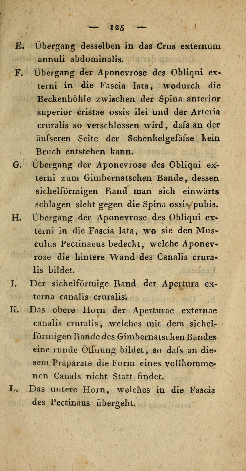 E. Übergang desselben in das Crus externuni annuli abdominalis. F. Übergang der -Aponevrose des Obliqui ex- terni in die Fascia lata, wodurch die Beckenhöhle zwischen der Spina anterior superior cristae ossis ilei und der Arteria cruralis so verschlossen wird, dafs an der äufseren Seite der Schenkelgefäfse kein Bruch entstehen kann. G. Übergang der Aponevrose des Obliqui ex* terni zum Gimbernatschen Bande, dessen sichelförmigen Fiand man sich einwärts schlagen sieht gegen die Spina ossis* pubis. H. Übergang der Aponevrose des Obliqui ex* terni in die Fascia lata, wo sie den Mus- culus Fectinaeus bedeckt, welche Aponev- rose die hintere Wand des Canalis crura- lis bildet. I. Der sich eiförmige Rand der Apertura ex- terna canalis cruralis. K. Das obere Hörn der Aperturae externae canalis cruralis, welches mit dem sichel- förmigen Raiide des Gimbernatschen Bandes eine runde Öffnung bildet, so dafs an die- sem Präparate die Form, eines vollkomme- nen Canals nicht Statt findet. L. Das untere Hörn, welches in die Fascia des Pectinäus übergeht.