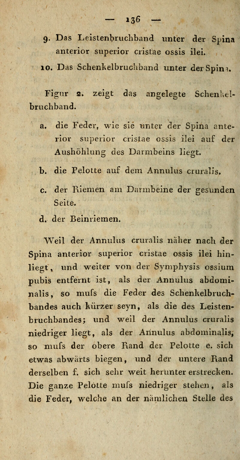 9- Das Leistenbruchband unter der Spina anterior superior cristae ossis ilei. 10. Das Schenkelbrucliband unter derSpini, Figur 2. zeigt das angelegte Schenkel- bruchband. a. die Feder, wie sie unter der Spina ante- rior superior cristae ossis ilei auf der Aushöhlung des Darmbeins liegt. b. die Pelotte auf dem Annulus cruralis» c. der Piiemen am Darmbeine der gesunden Seite. d. der Beinriemen. Weil der Annulus cruralis naher nach der Spina anterior superior cristae ossis ilei hin- liegt , und weiter von der Symphysis ossium pubis entfernt ist, als der Annulus abdomi- nalis, so mufs die Feder des Schenhelbruch- bandes auch kürzer seyn, als die des Leisten- bruchbandes; und weil der Annulus cruralis niedriger liegt, als der Arlnulus abdominalis,' so mufs der obere Rand der Pelotte e. sich etwas abwärts biegen, und der untere Rand derselben f. sich sehr weit herunter erstrecken. Die ganze Pelotte mufs niedriger stehen, als die Feder, welche an der nämlichen Stelle des