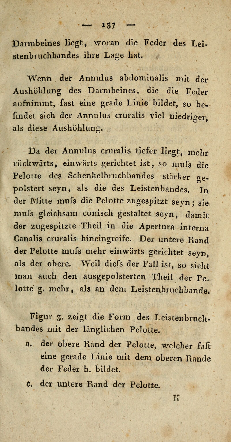 Darmbeines liegt > woran die Feder des Lei- stenbruchbandes ihre Lage hat. Wenn der AnnulaS abdominalis mit der Aushöhlung des Darmbeines, die die Feder aufnimmt, fast eine grade Linie bildet, so be- findet sich der Annulus cruralis viel niedriger als diese Aushöhlung. Da der Annulus cruralis tiefer liegt, mehr rückwärts, einwärts gerichtet ist, so niufs die Pelotte des Schenkelbruchbandes starker ge- polstert seyn, als die des Leistenbandes. In C der Mitte mufs die Pelotte zugespitzt seyn; sie mufs gleichsam conisch gestaltet seyn, damit der zugespitzte Theil in die Apertura interna Canalis cruralis hineingreife. Der untere Rand der Pelotte mufs mehr einwärts gerichtet seyn als der obere. Weil diefs der Fall ist, so sieht man auch den ausgepolsterten Theil der Fe* lotte g. mehr, als an dem LeistenbruchbandCi Figur s. zeigt die Form des Leistenbruch- bandes mit der länglichen Pelotte. a. der obere Rand der Pelotte, welcher faß eine gerade Linie mit dem oberen Fiande der Feder b. bildet. Ci der untere Rand der Pelotte. K