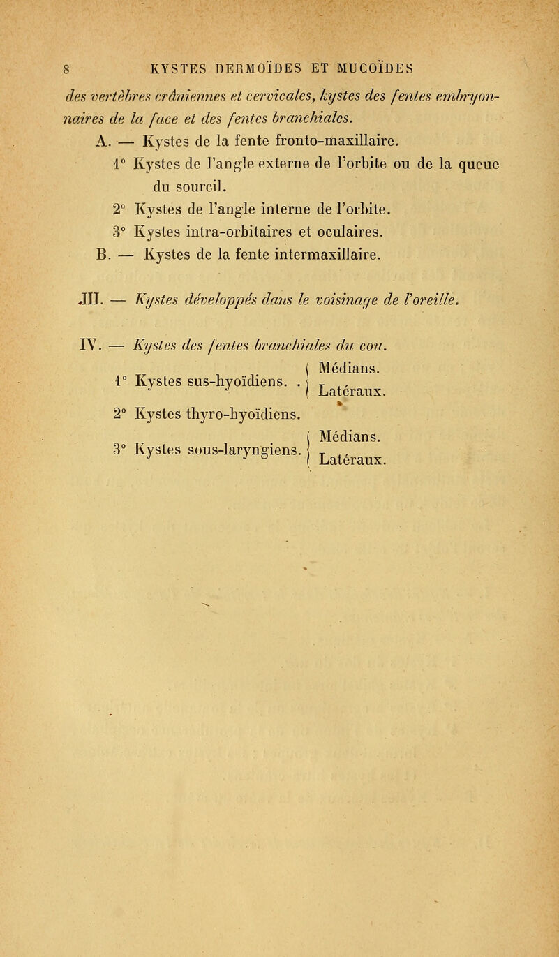 des vertèbres crâniennes et cervicales, kystes des fentes embryon- naires de la face et des fentes branchiales. A. — Kystes de la fente fronto-maxillaire. 1° Kystes de l'angle externe de l'orbite ou de la queue du sourcil. 2° Kystes de l'angle interne de l'orbite. 3° Kystes intra-orbitaires et oculaires. B. — Kystes de la fente intermaxillaire. JII. — Kystes développés dans le voisinage de l'oreille. lY. — Kystes des fentes branchiales du cou. ( Médians. 1° Kystes sus-hyoïdiens. . i t .. '' ■ ( Latéraux. » 2° Kystes thyro-hyoïdiens. ( Médians. 3° Kystes sous-laryngiens, t ., •^ j D Latéraux.